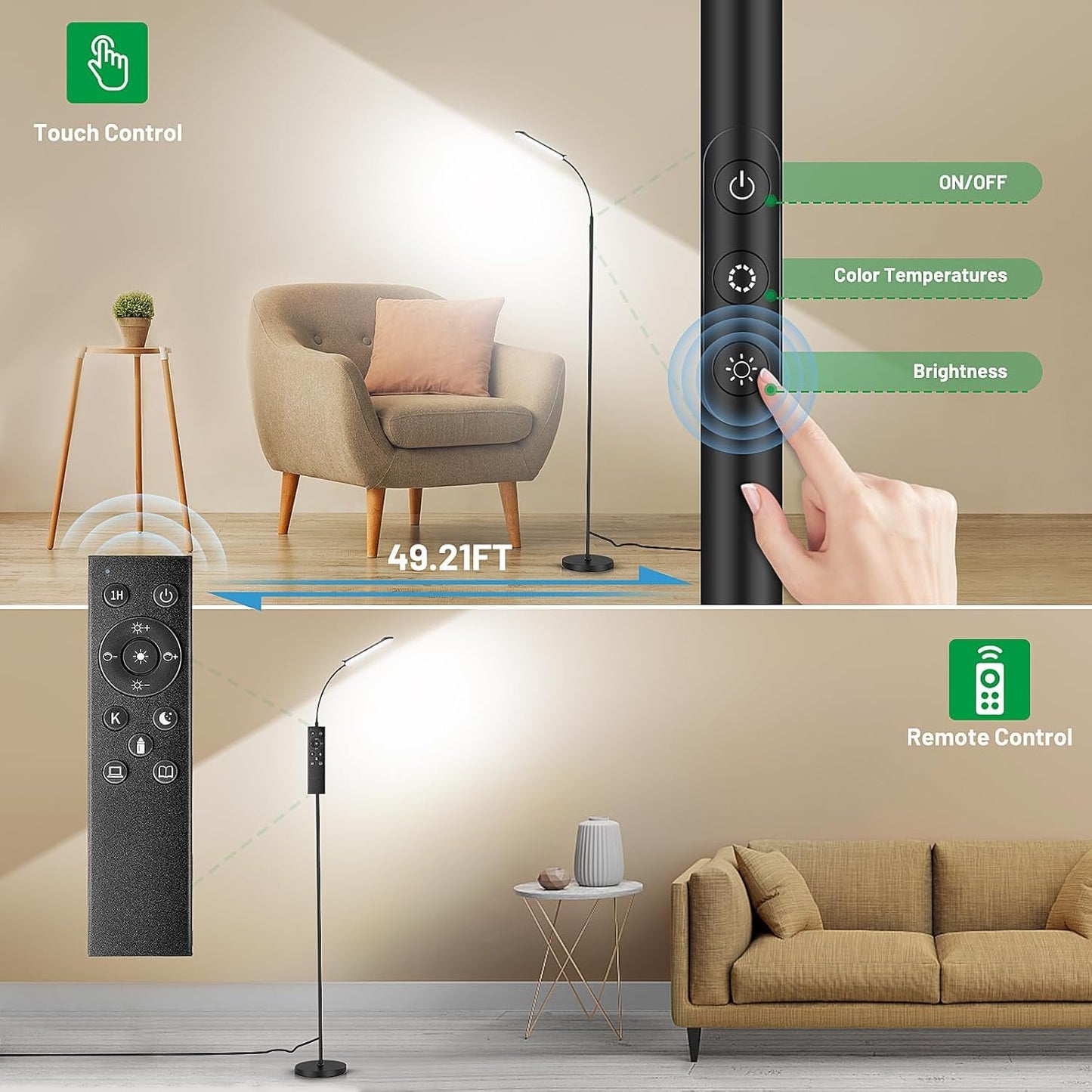 Yikuneng Dimmable LED Floor Lamp, Super Bright Reading Lamps Floor Standing lamp with Remote & Touch Control, Stepless Dimming & 2700K-6500K Color Temperature, for Living Room Bedroom Office, 2 Pack