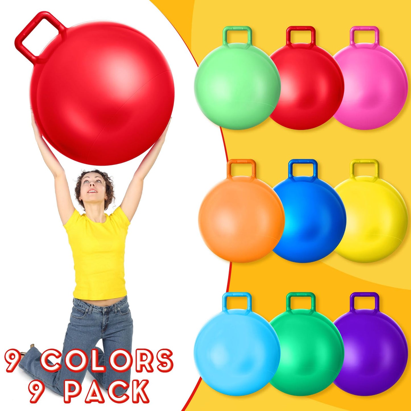 Meooeck 9 Pcs Hopper Ball 18 Inch Jumping Hopping Outdoor Bouncy Ball with Handles and Air Pump for Sports School Games Exercise(Multicolor)