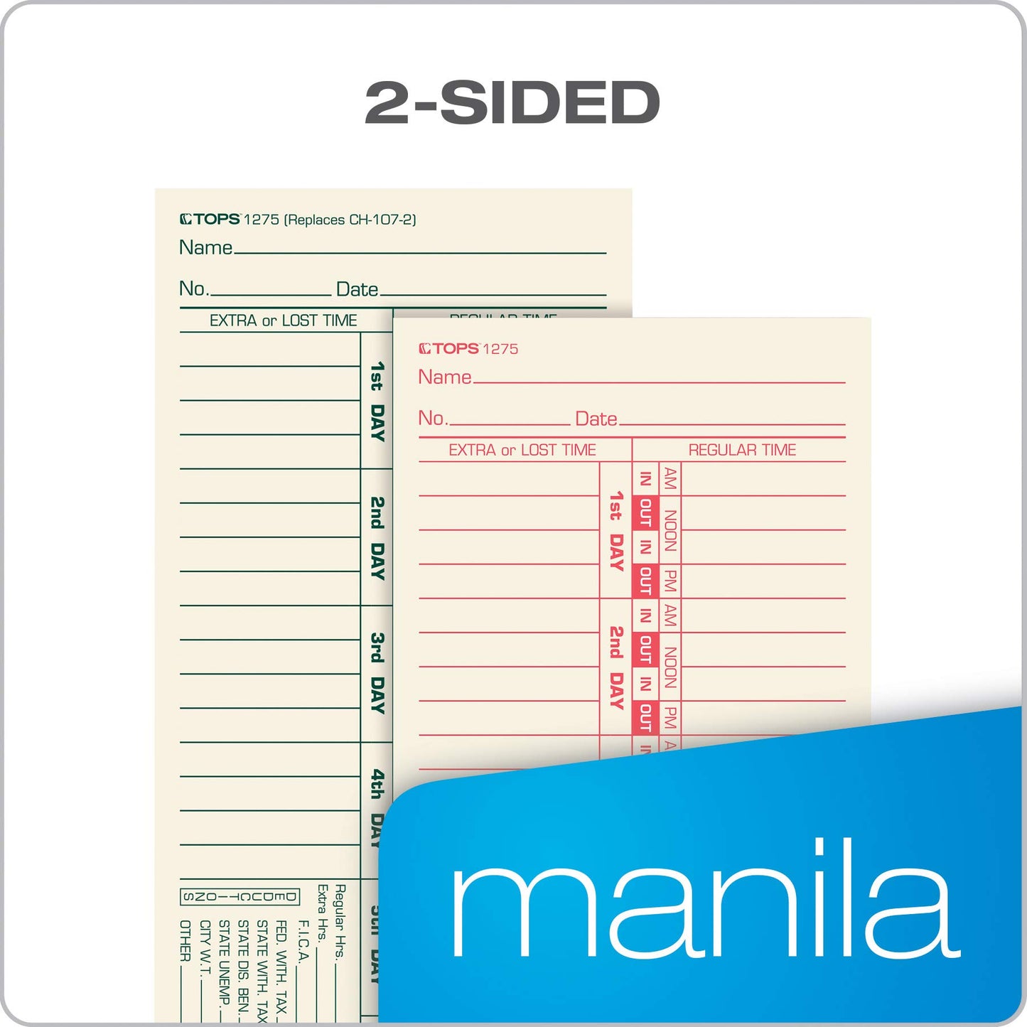 TOPS Time Cards, Bi-Weekly, 2-Sided, Numbered Days, 3-1/2" x 9", Manila, Green/Red Print, 500-Count (1275)