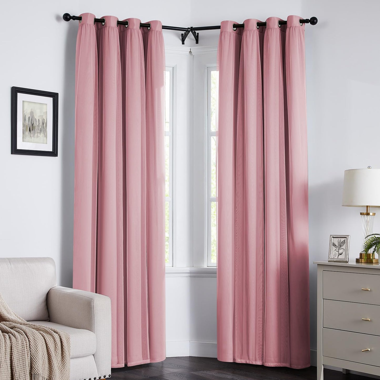 Swandream 100% Blackout Curtains for Bedroom, Double Layer Pink Curtains, Black Out Curtain 84 inch Long with Sheer Overlay for Living Room, Room Darkening Window Drapes with Grommet, 52" W x 84" L