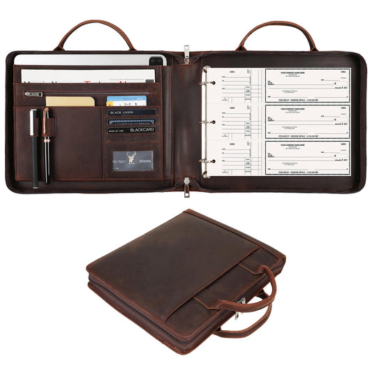 3 Ring Check Binder for 3 on a Page 9" x11 1/4" Check Holder, Zippered Business Checkbook Holder, 3 Ring Check Book Binder for Business Checks, Fit 3 & 9 Holes Check - Dark Kahki