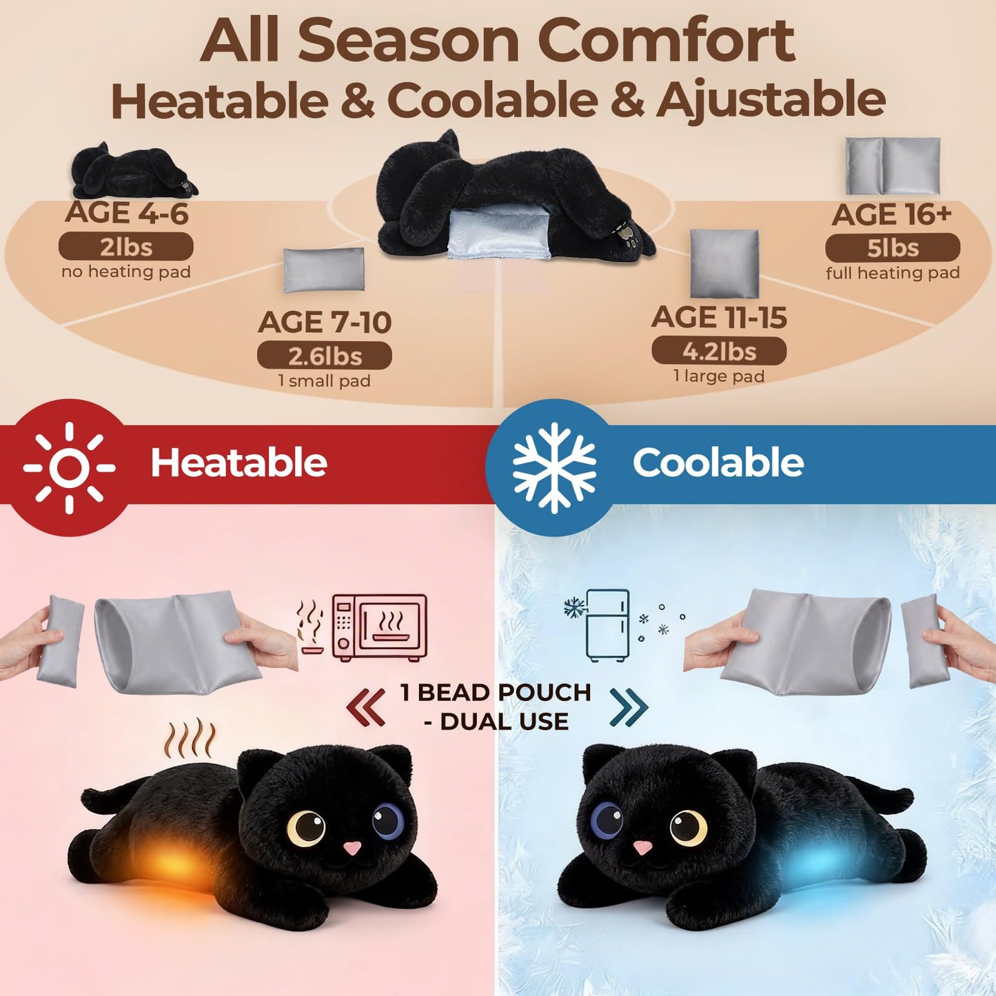 Mewaii Weighted Stuffed Animals with Microwavable Heating Pad - 5 lbs Adjustable, Heatable & Coolable Cat Plush for Realistic Hug, Removable Inner Pad, Perfect Plush Gift for Kids, Adults (23 Inch)