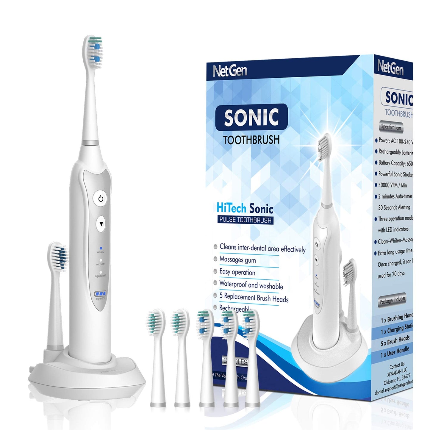 Sonic Electric Toothbrush for Adults with 5 Toothbrush Replacement Heads, 3 Brushing Modes & 2 Minutes Built-in Timer, Travel Toothbrushes with Inductive Charging, Rechargeable toothbrush | White