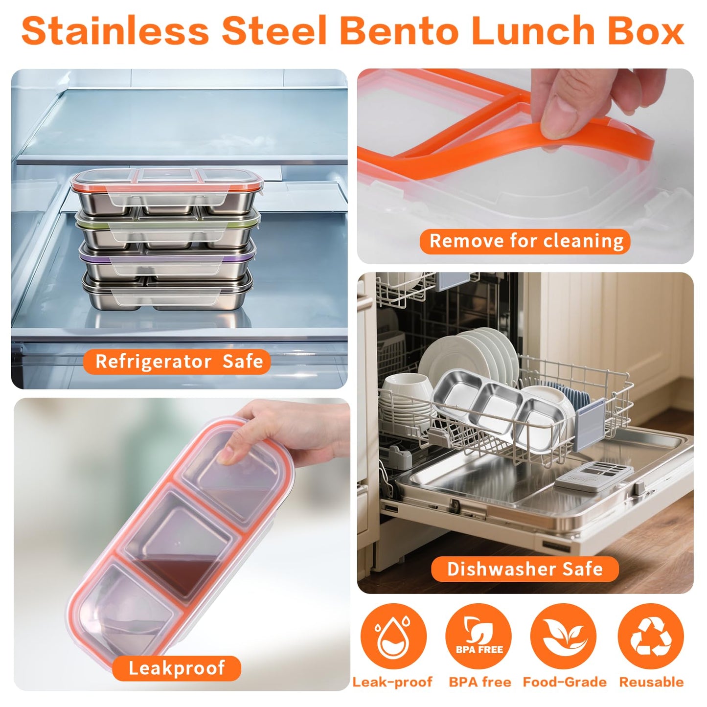 YJSLICT 4 Pack Stainless Steel Snack Containers with Lids, 3 Compartments Reusable Snack Box for Adults, Food Storage Metal Containers Divided Meal Prep Box for Home, Work, Travel
