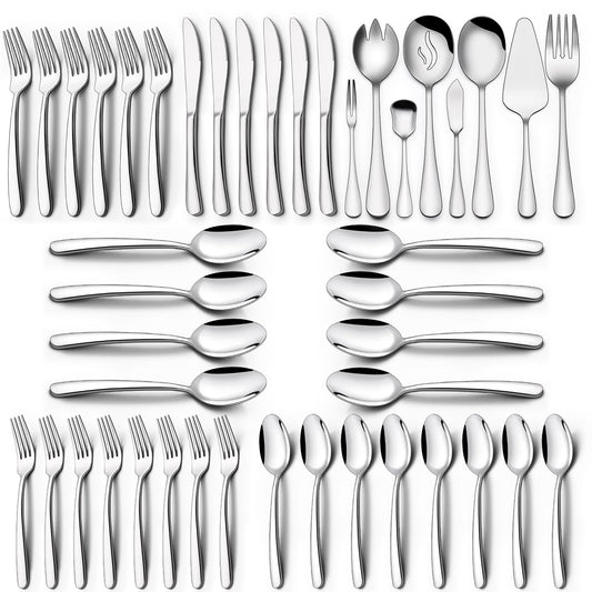 68-Piece Silverware Set with Serving Utensils, EWFEN Heavy Duty Stainless Steel Flatware Set for 12, Food-Grade Tableware Cutlery Include Knife/Fork/Spoon for Home, Mirror Finished, Dishwasher Safe