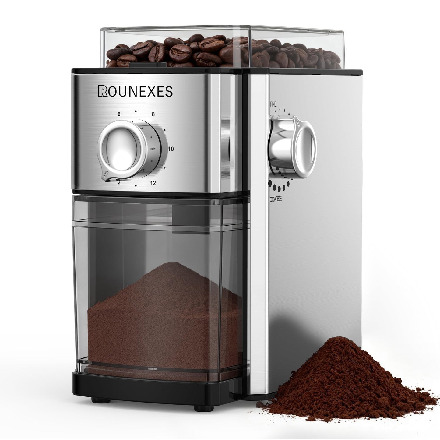 ROUNEXES Flat Burr Coffee Grinder Electric,Adjustable Coffee Grinder for Home Use, Burr Mill Grinder with 17 Levels, Large Capacity Bean Hopper & Removable Container