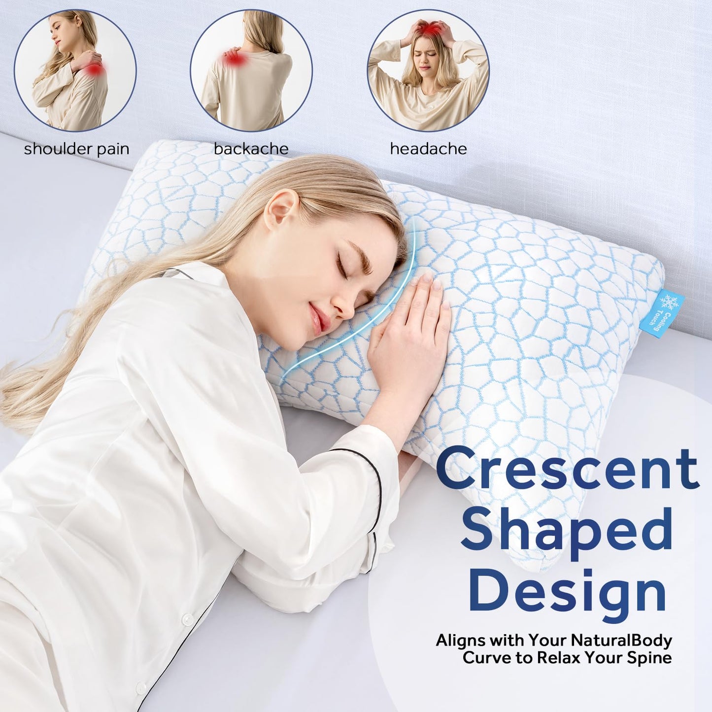 QUTOOL Side Sleeper Pillow for Adults, Adjustable Crescent Pillow with Shredded Memory Foam, Double-Sided Cooling Cover, Curved Bed Pillow for Neck and Shoulder Support, Extra 200g Fill, Queen 1 Pack