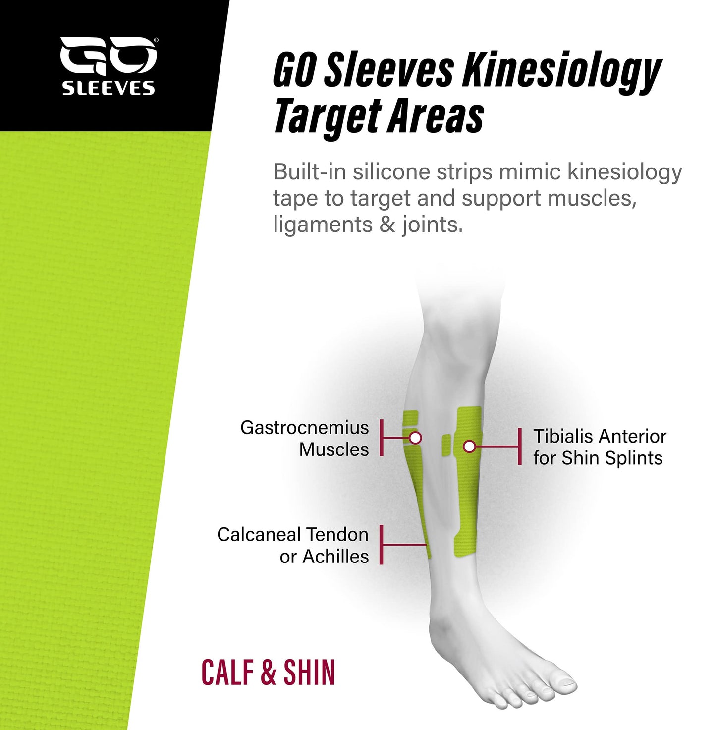 GO SLEEVES Kinesiology Calf Compression Sleeve Men, Targeted Support for shin splints, Muscle Fatigue, Soreness, Calf Muscle