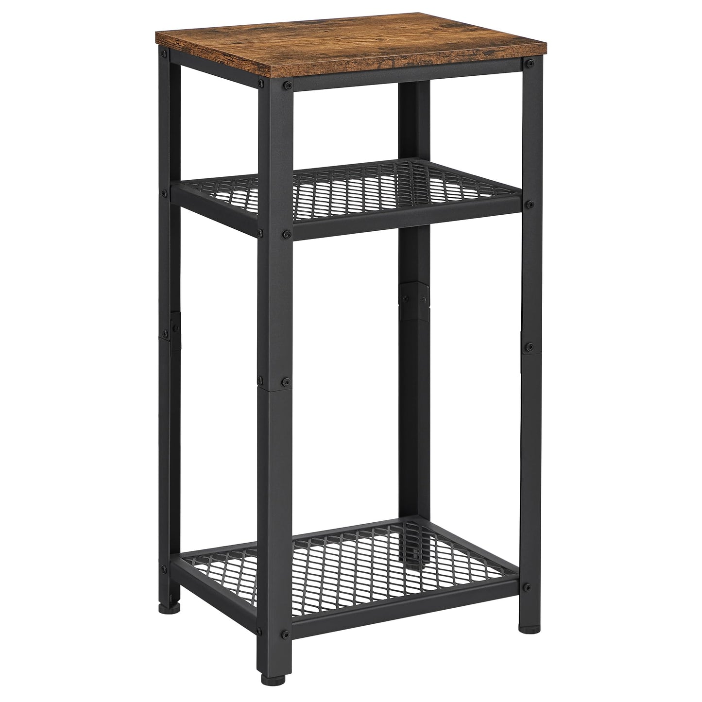 VASAGLE 3-Tier Tall Side Table, Small Telephone End Table Stand with 2 Mesh Storage Shelves for Office, Bedroom, Living Room, Kitchen Cart, Rustic Brown and Ink Black