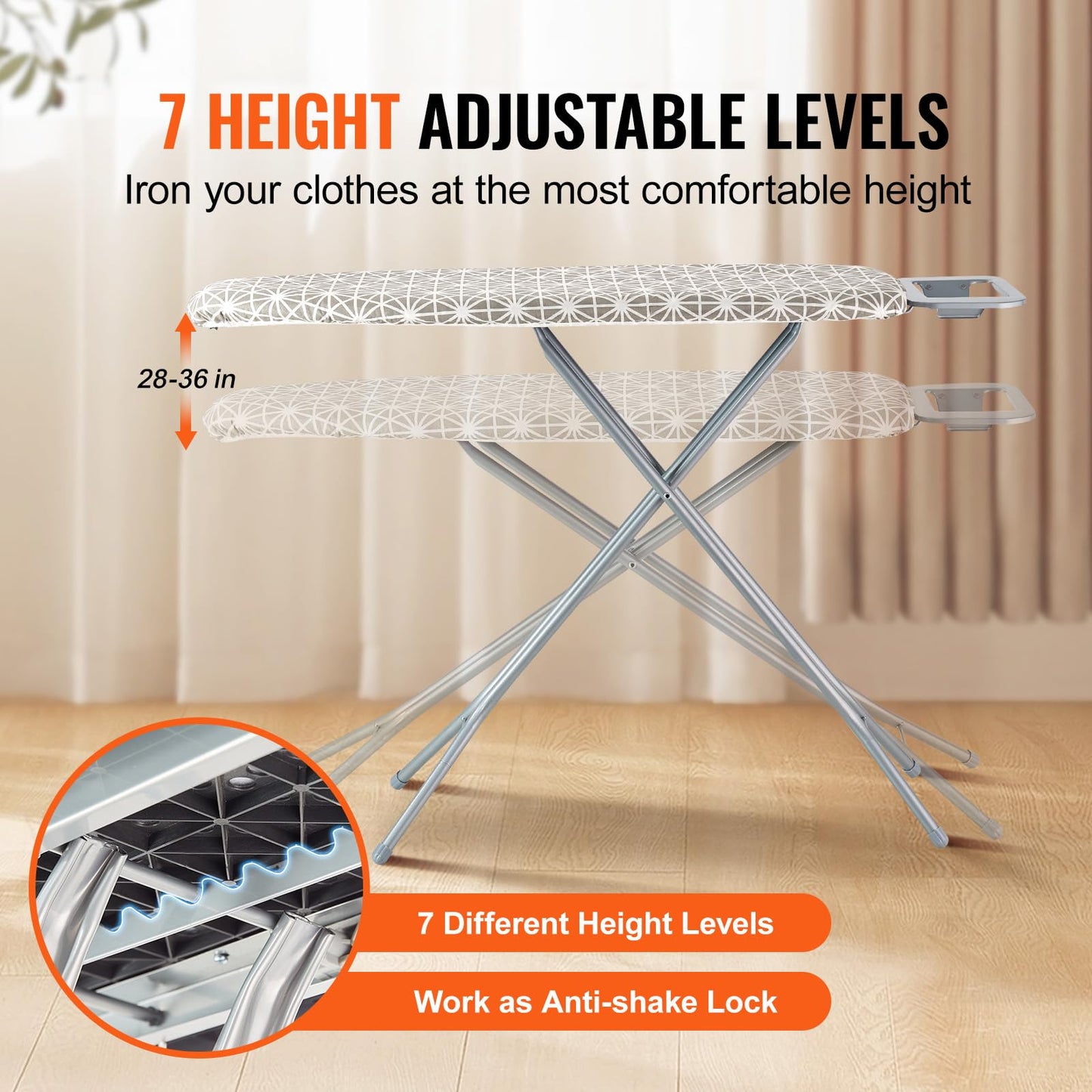 VEVOR Ironing Board with Large 43 x 13 Ironing Surface, Thickened 4 Layers Iron Board with Heat Resistant Cover and 100% Cotton Cover, 7 Adjustable Heights Ironing Board for Home Laundry Room Use