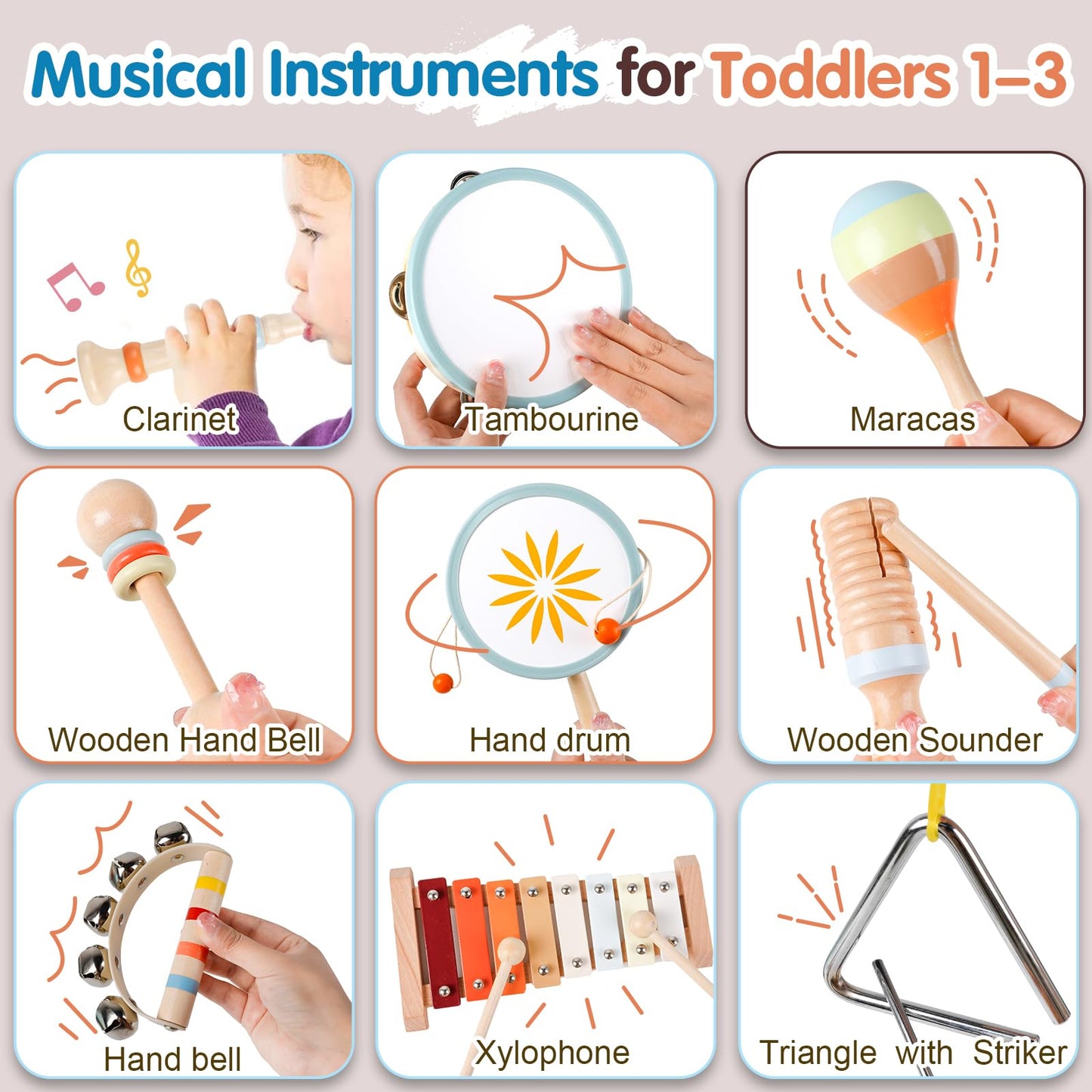 Toddler Musical Instruments-Montessori Wooden Educational Toys for Toddlers 1-3 Baby Musical Instruments Neutral Color Musical Instruments Set with Xylophone Maracas Bell Birthday Gift for Ages 1 2 3