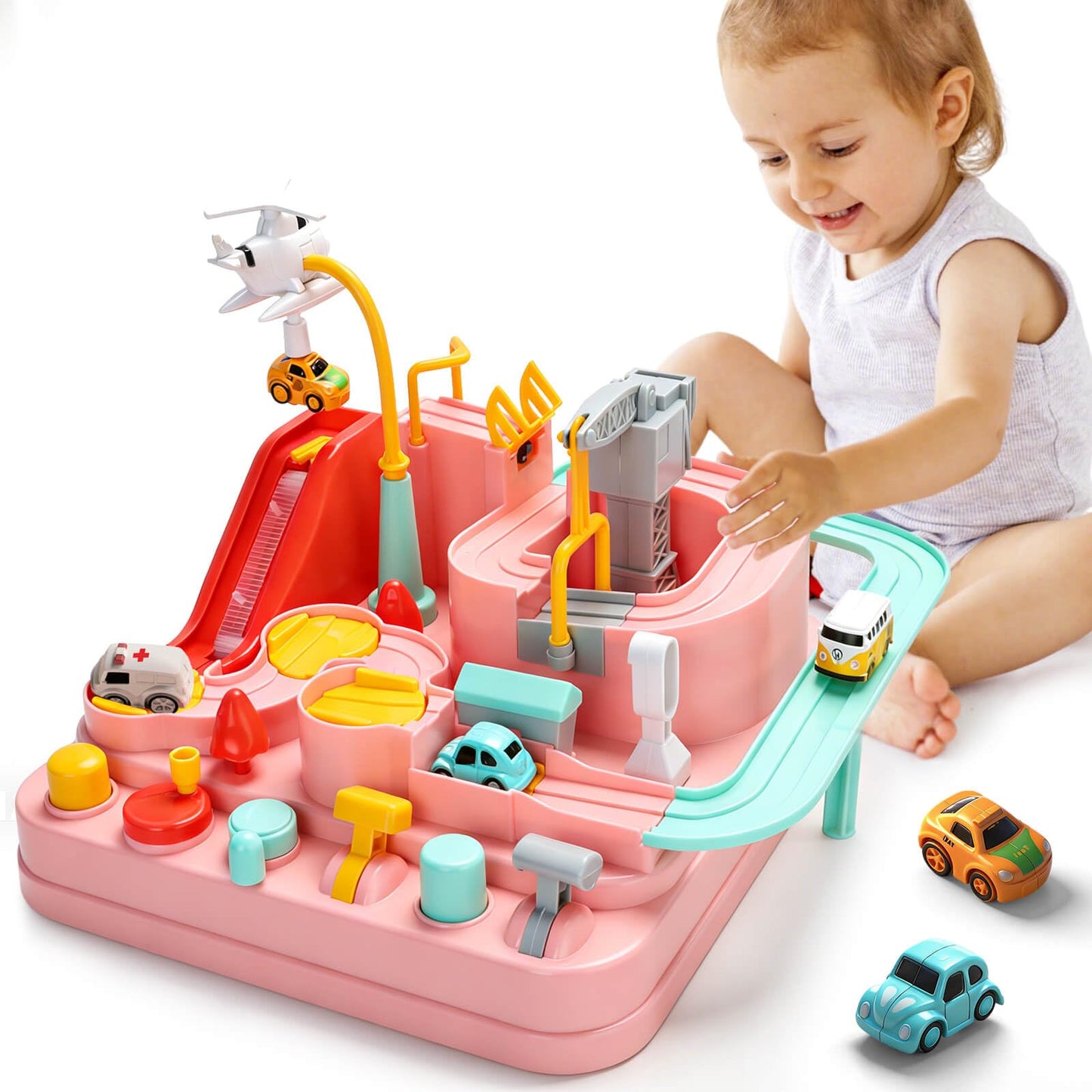 Gretex Car Race Track for Kids Ages 3-6: City Rescue Car Track Set with 4 Mini Cars and Helicopter, Preschool STEM Toy, Educational Obstacle Course Playset for Kids Ages 3-6, Birthday Gift for Girls