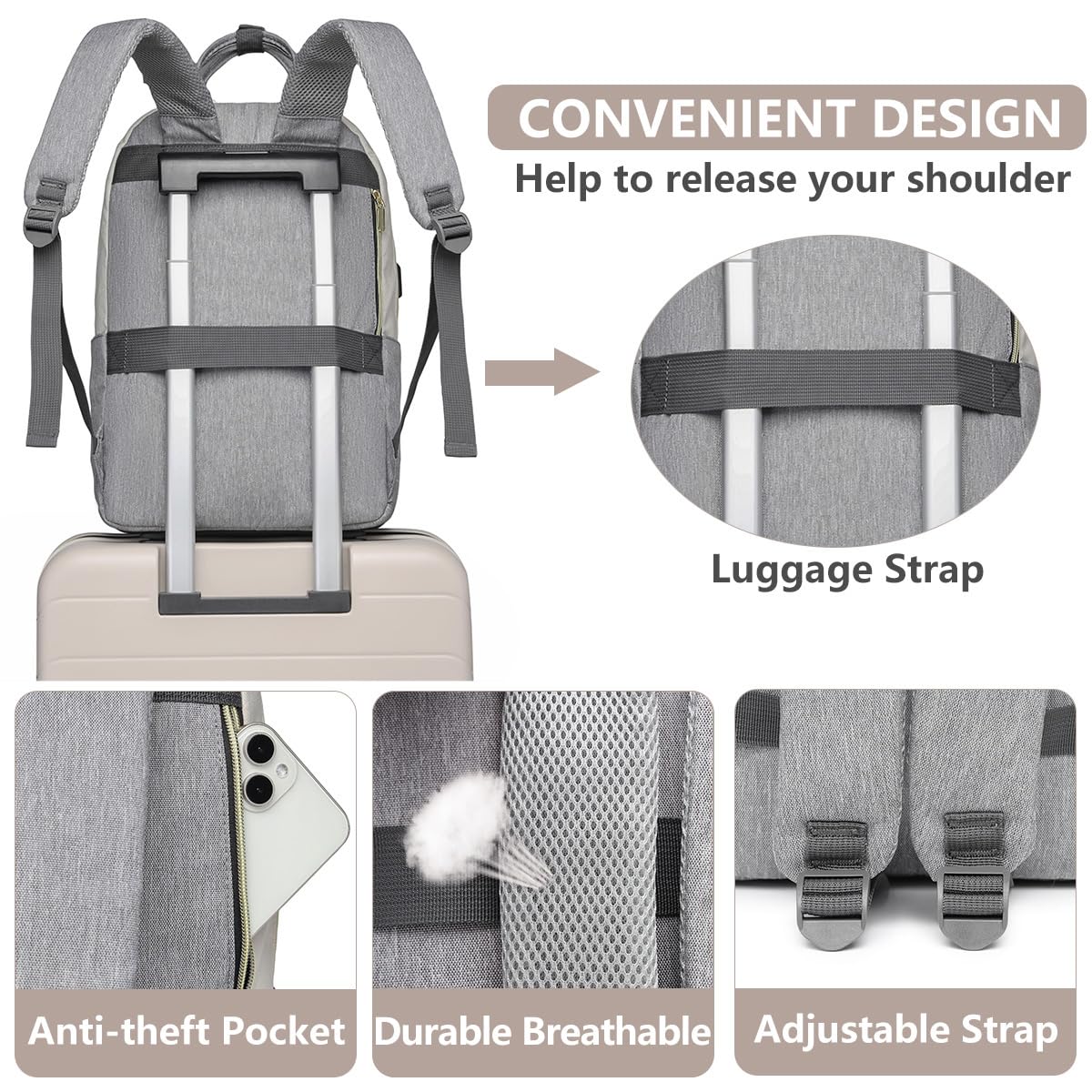 Laptop Backpack Women Work Bag - Travel Backpack Purse with USB Charger 15.6 Inch Nurse Bag College Teacher Business Backpack Waterproof Laptop Bag Beige Grey