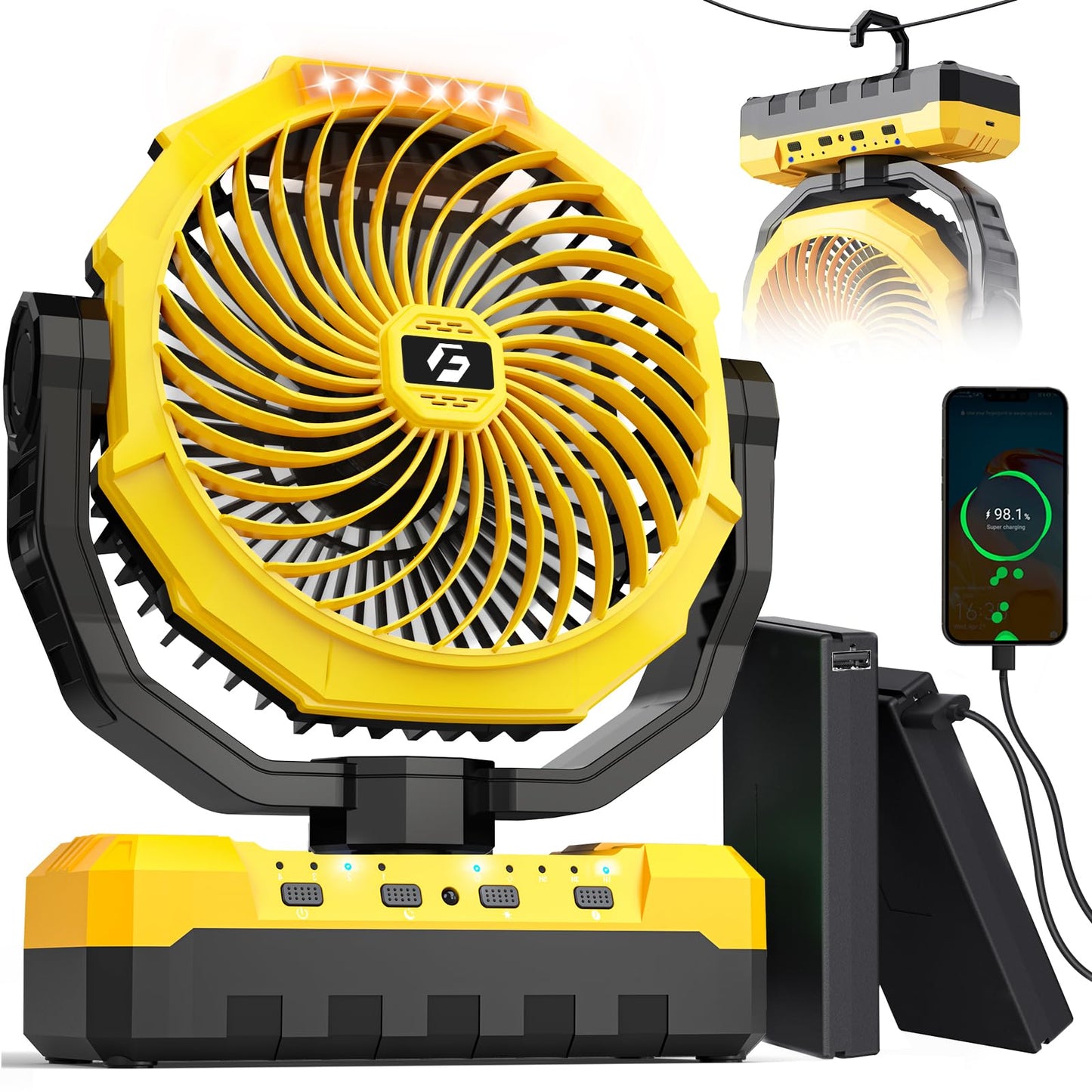 Rechargeable Fan with 2PCS Detachable Battery - 48000mAh(127H Working) Camping Fan Portable, Battery Powered Fans with Hook, Timers, Ventilador Recargable for Tent, Travel, Gifts for Men Dad, Yellow