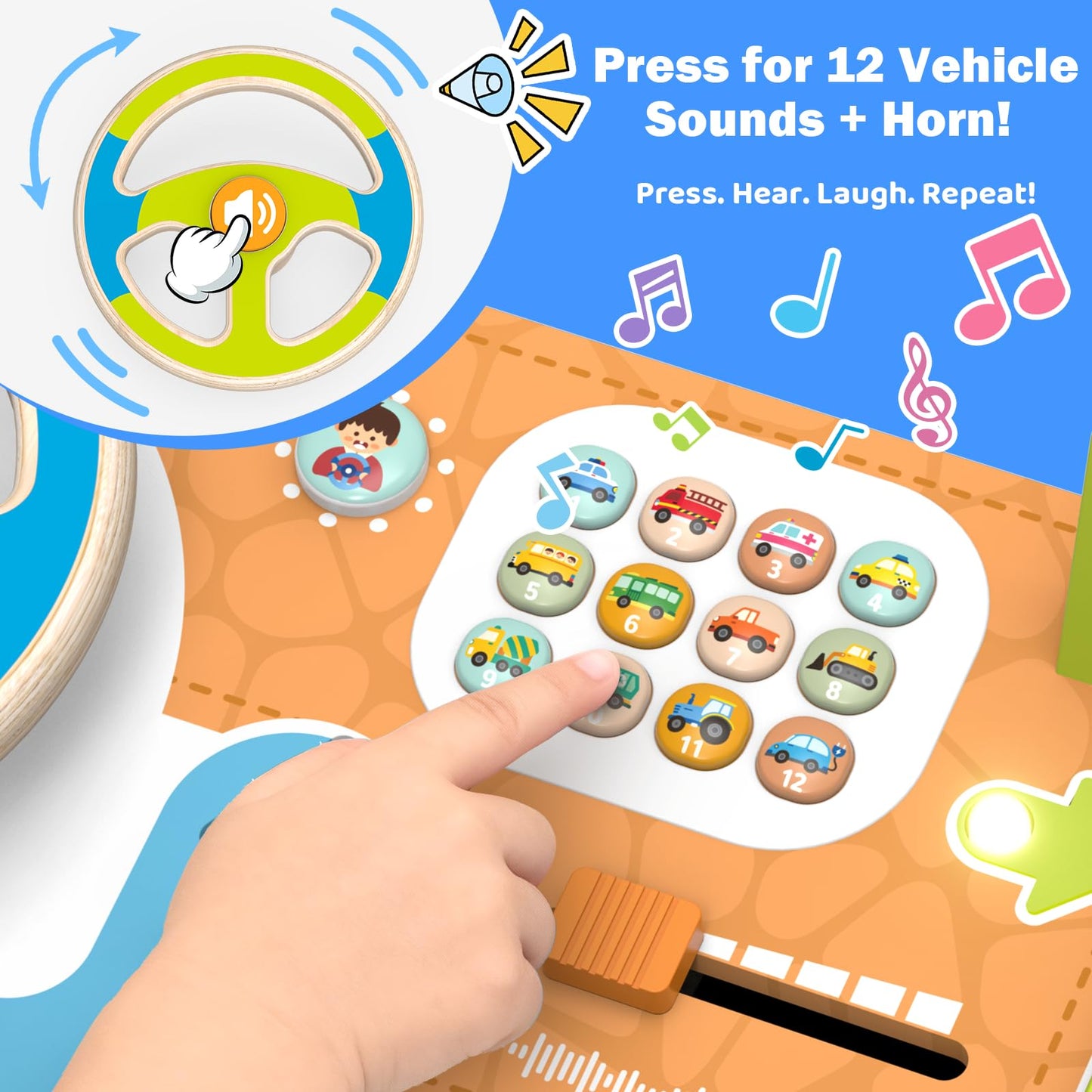 Montessori Wooden Steering Wheel Toy for Toddlers & Kids, Interactive Pretend Driving Dashboard Busy Board with 12 Cars Sounds & Lights, Preschool Learning Sensory Educational Toy, Gift for Boys Girls