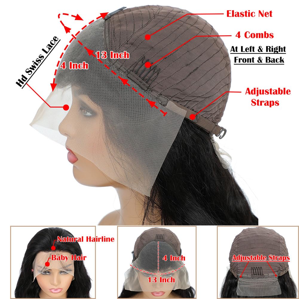 Body Wave Lace Front Wigs Human Hair Pre Plucked 13x4 HD Transparent Lace Frontal Wig with Baby Hair 180% Density 9A Glueless Brazilian Virgin Human Hair Lace Front Wigs for Women Natural Black 22Inch