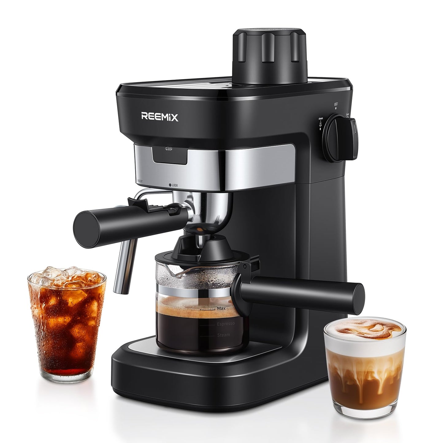 Reemix Espresso Machine 6 Bar, Rich Crema Coffee Maker, Auto Pressure Relief, Compact Home Coffee Brewer Machine, Black