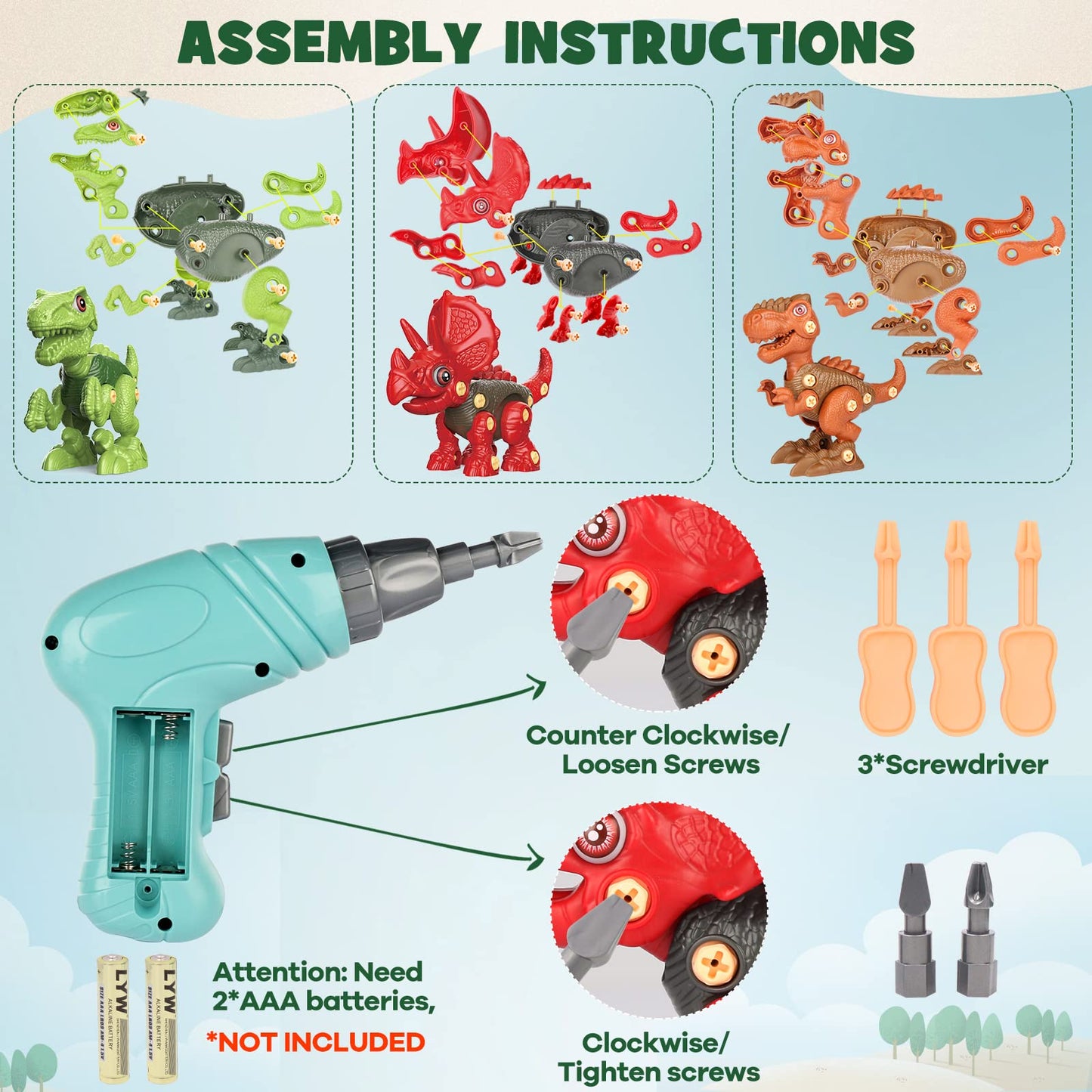 Laradola Dinosaur Toys for 4 5 6 7 8 Year Old Boys, Take Apart Dinosaur Toys for Kids 3-5 5-7 STEM Construction Building Kids Toy with Electric Drill, Party Birthday Gifts