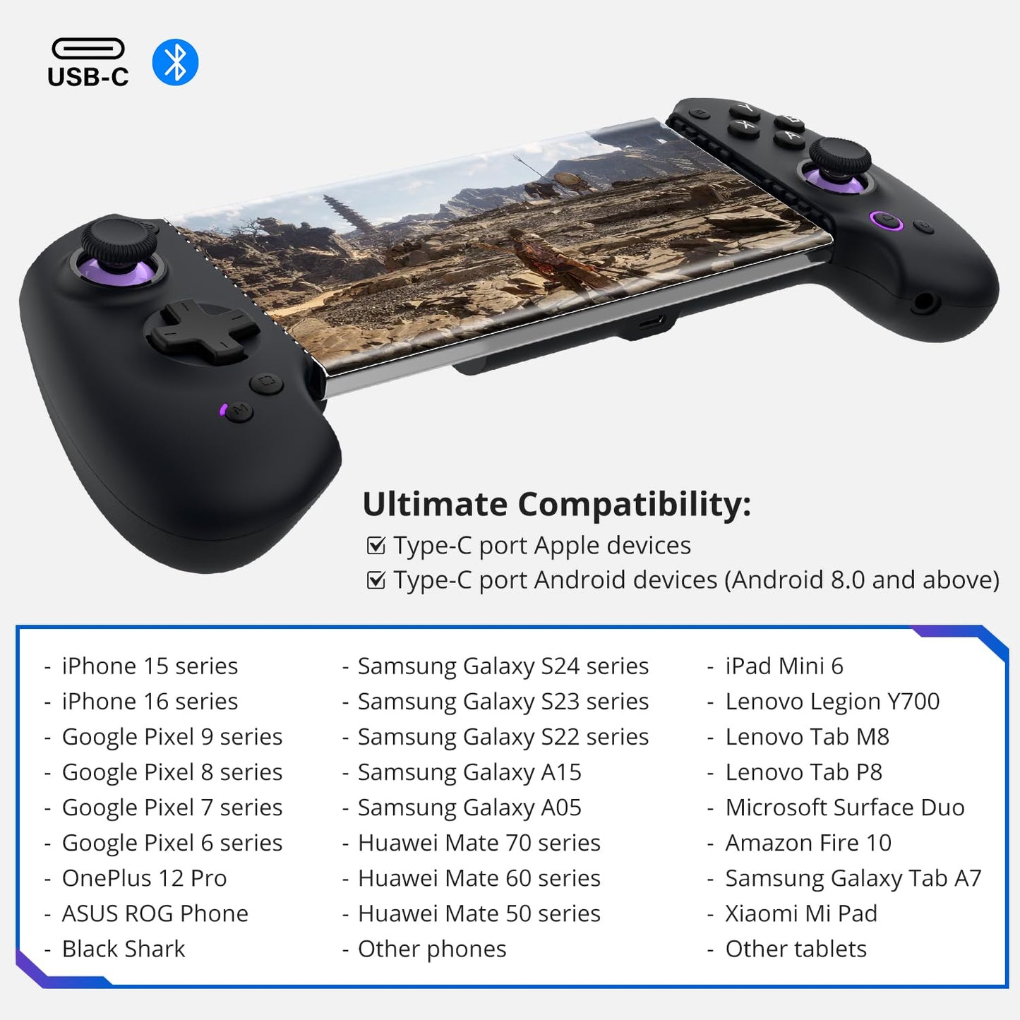abxylute S9 Gaming Phone Controller for iPhone 15/16, iPad 6/7 and Android Phone Tablet, Bluetooth and Type-C Mobile Gamepad with App, for Roblox, Genshin Impact, Call of Duty, Hall Joystick &Trigger, Handheld-Quality Black