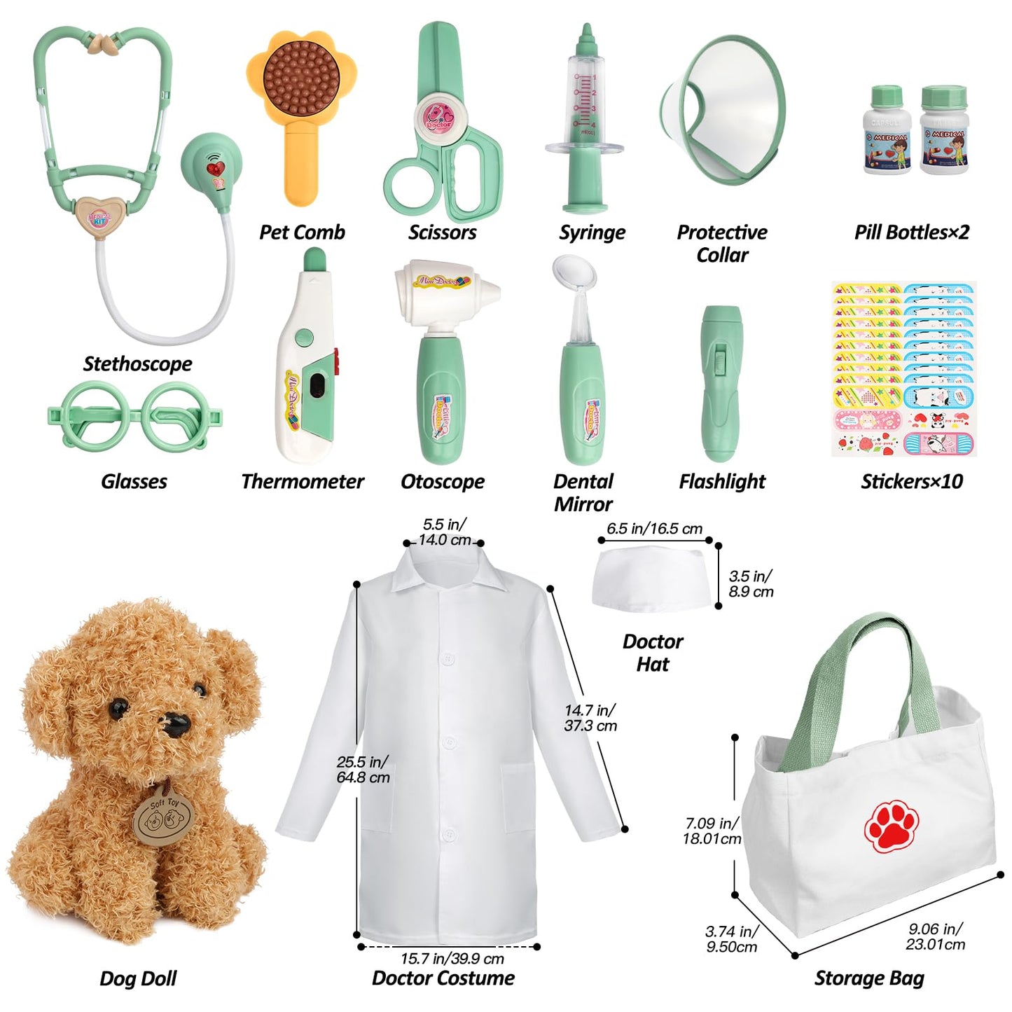 Liberry Doctor Kit for Toddlers 3 4 5 6 Years Old, 26 Pcs Kids Doctor Playset with Dog Toy, Stethoscope and Dress Up Costume, Pretend Play Medical Gift for Girls (Green)