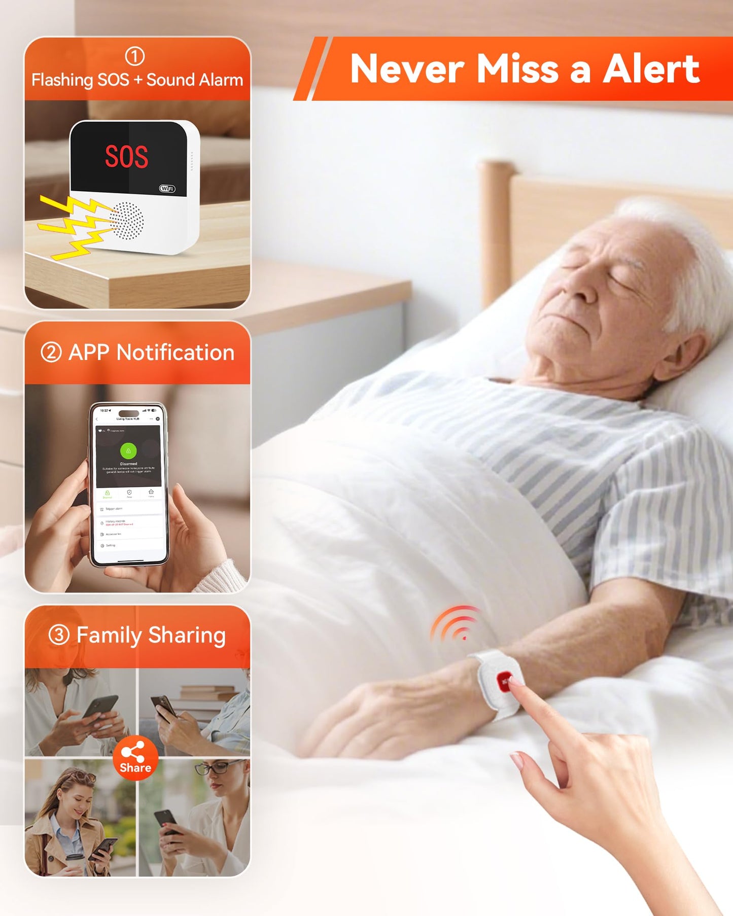 PILSAMAS WiFi Caregiver Page Wireless Call Button System - 1 Lanyard + 1 Wristband Emergency Button, No Monthly Fee, APP Alert, Custom Name/Tones, Fall Alert Devices for Elderly at Home, Nursing Care
