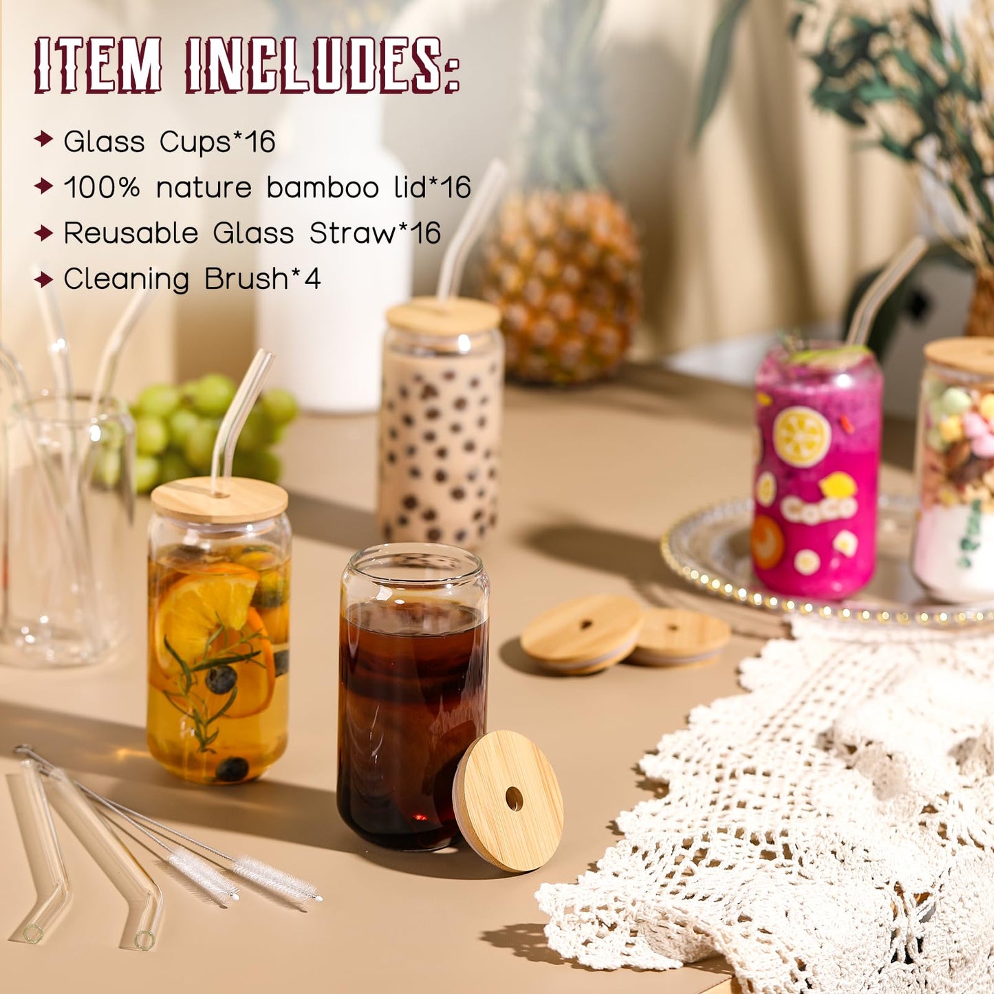 16 Pack Glass Cups with Lids and Straws 16 oz, Personalized Customizable Glasses for Gift, Business, Drinking glasses set, Iced Coffee Cup, Cute Aesthetics Tumbler for Tea, Homemade Drinks