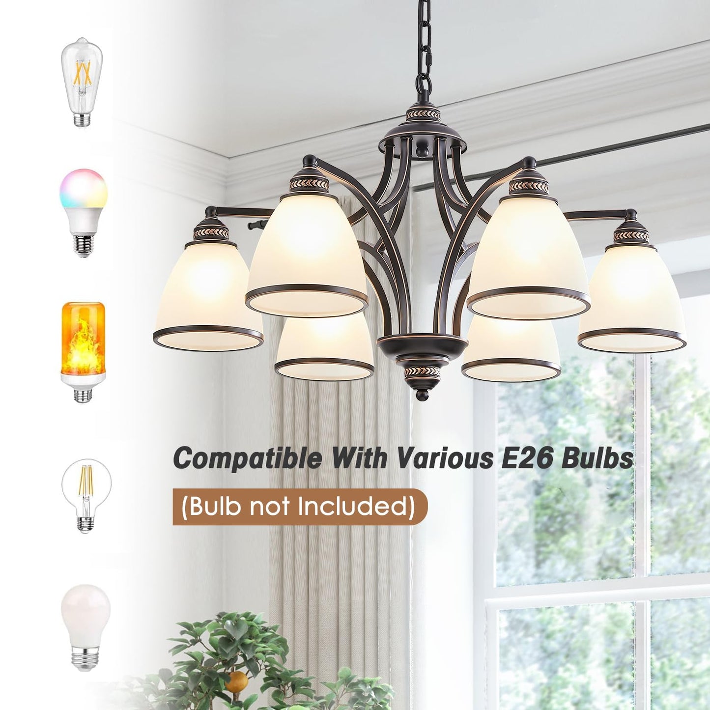 6-Light Chandeliers for Dining Room with Frosted Glass Black and Gold Strokes Modern 30’’Ceiling Hanging Light Fixtures Classic Pendant Lighting for Kitchen, Island, Dining Table, Adjustable Height