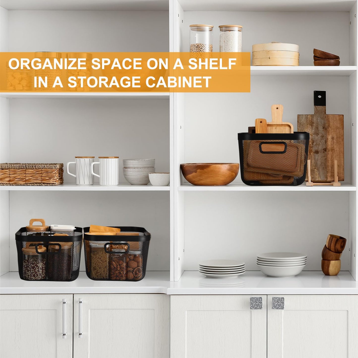 MorningRo 4 Pack Metal Mesh Steel Basket with Hollow Handles Square Wire Mesh Open Bin Fruit Storage Basket for Kitchen Bathroom Picnic Shopping Cabinet Home Items (Large,Black)