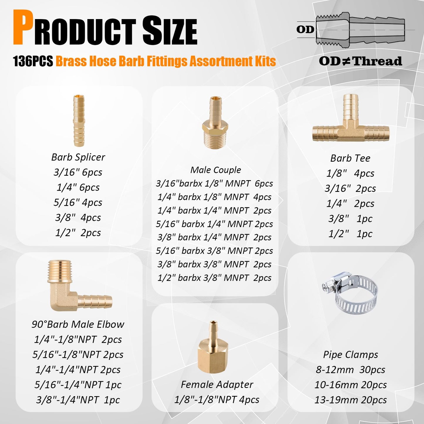 136Pcs Brass Hose Barb Fittings Assortment Kit Barb Splice/Female Adapter/Coupler/Tee/Male Elbow NPT Thread 1/8" 3/16" 1/4" 5/16" 3/8" 1/2" Air Hose Fittings with Pipe Clamps for Water/Air/Fuel