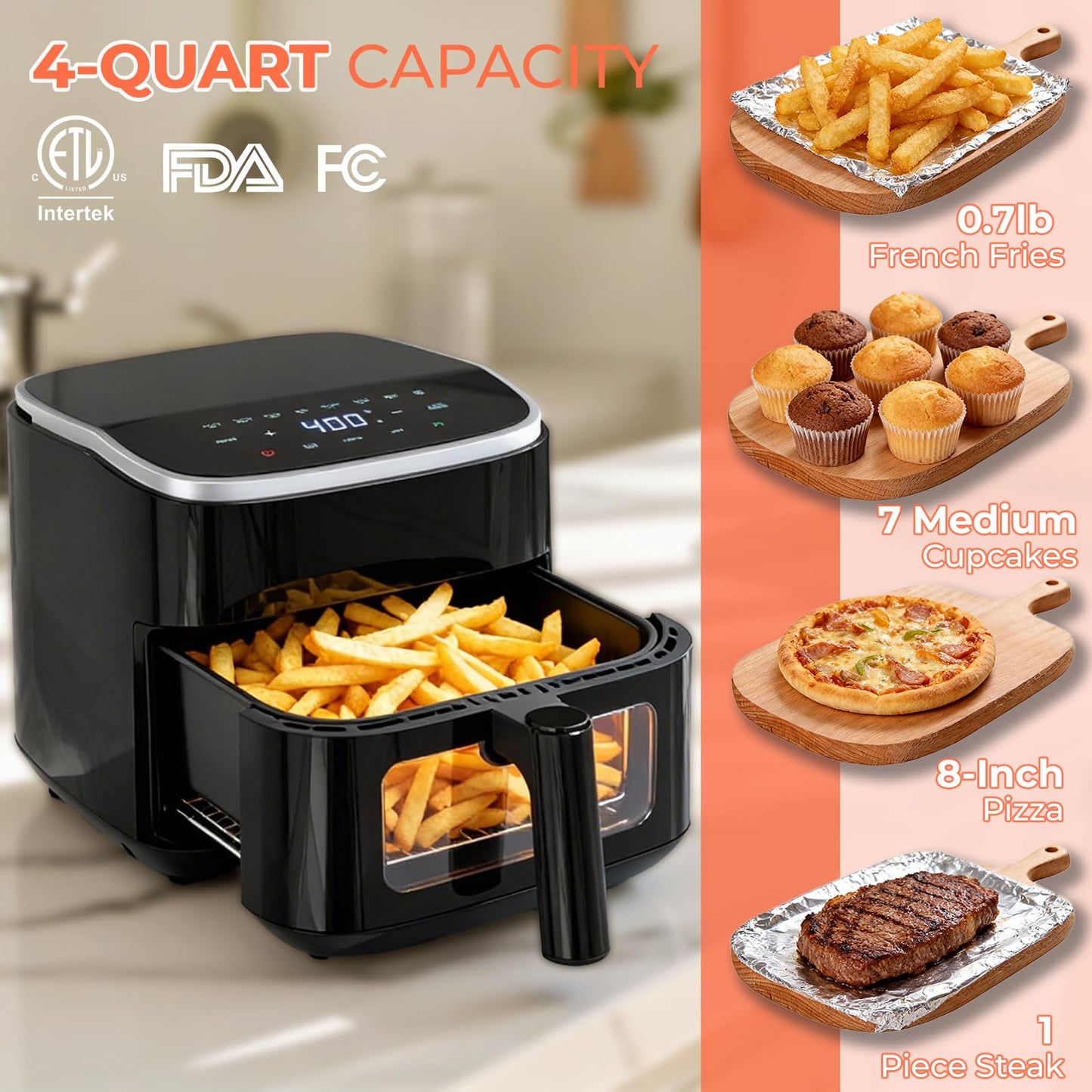NEWBULIG Air Fryer，4QT Small AirFryer with Easy View Window and Interior Light, Digital Touchscreen with 8 Presets for Custom Cooking, Nonstick and Dishwasher Safe Basket, Grey