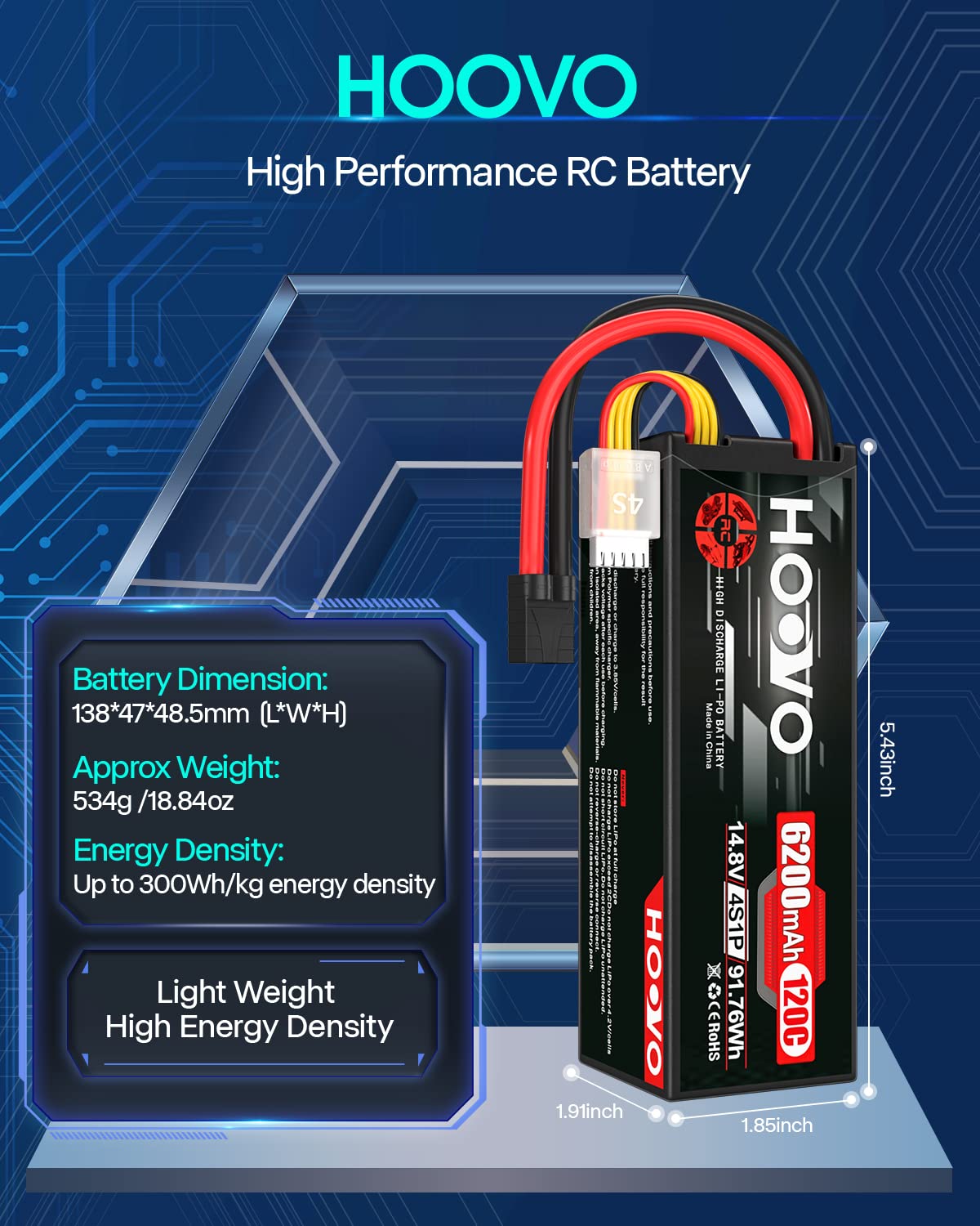 HOOVO 4S Lipo Battery 14.8V 6200mAh 120C RC Car Battery Hard Case with TR Plug Compatible for 1/8 and 1/10 Scale RC Car RC Buggy Truggy Truck Slash 4X4 Crawler Monster RC Hobby 2 Pack