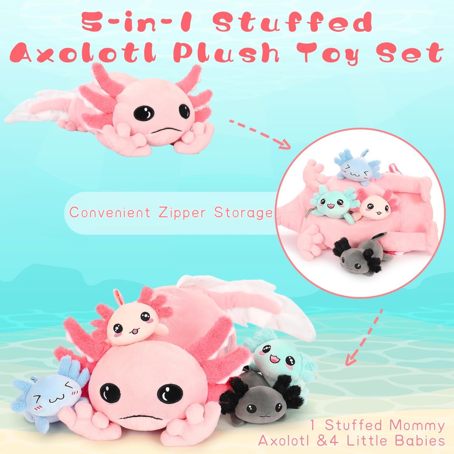 Tezituor Giant Axolotl Stuffed Animal with 4 Babies,31.5" Luminous Axolotl Plush Pillow Toy Realistic Soft Axolotl Plushies Birthday Gifts for Boys Girls