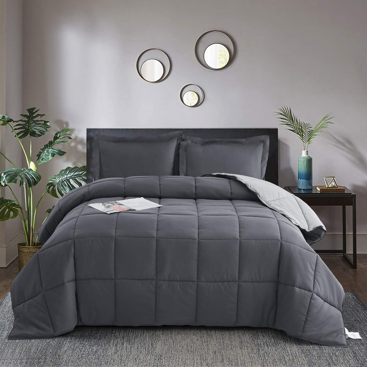 HIG 3pc Gray Full Size Comforter Set - All Season Reversible Down Alternative Comforter with Two Shams - Quilted Duvet Insert with Corner Tabs - Box Stitched Blanket - Breathable, Soft, Fluffy