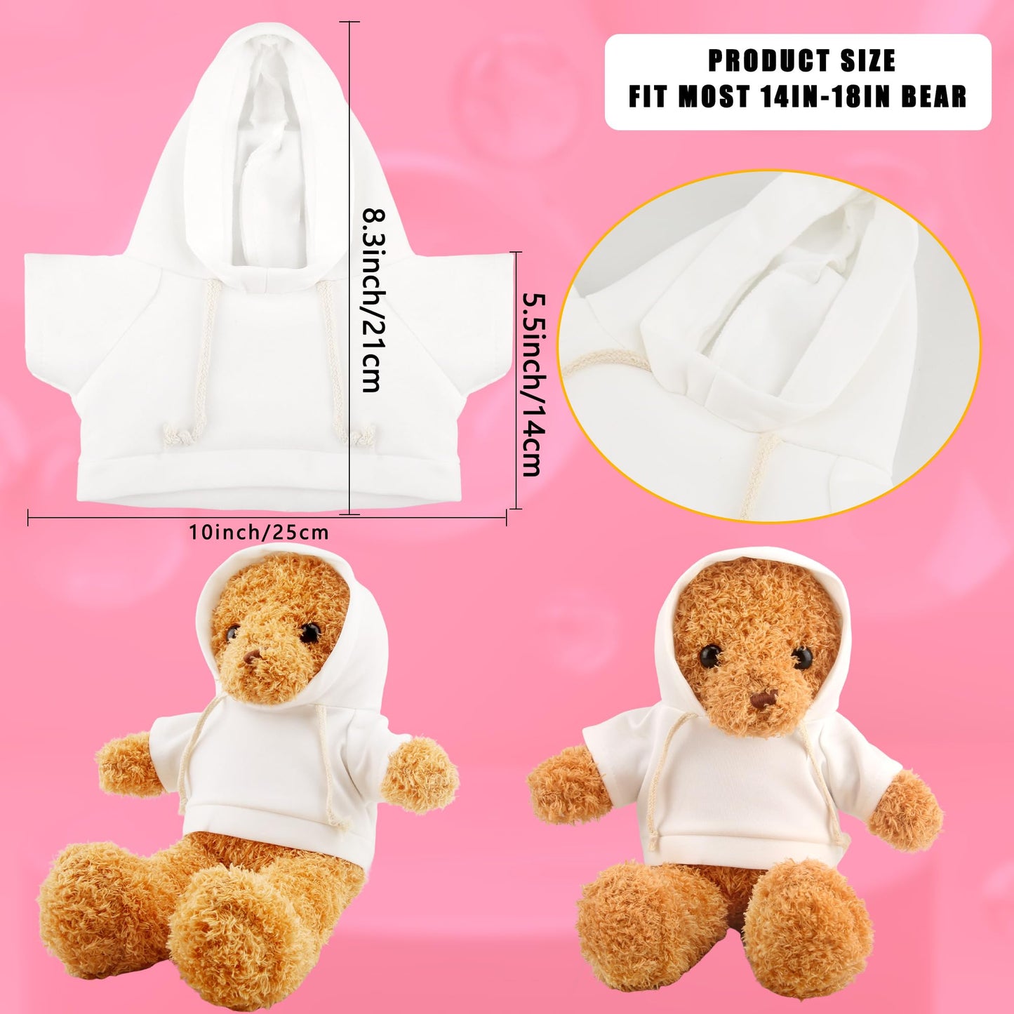 15 Pack Stuffed Bear White Hoodie Bulk Sublimation Blank Teddy Bear Toy Shirts Stuffed Animal White Basic Clothes Hoodie for 15 Inch Stuffed Bears Dolls DIY
