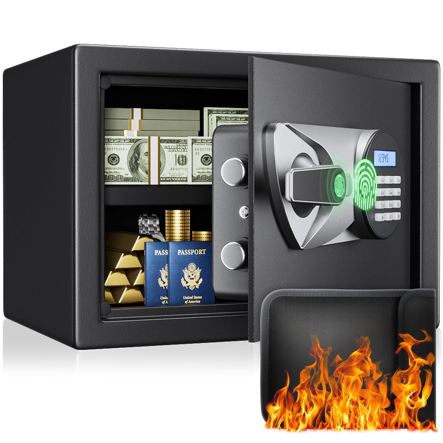 BlackSmith Home Biometric Safe 1.0 Cub - Fingerprint Recognition Box With Keys, Keypad Lock, LCD Display, Dual Alarm System - Wall Mount Cabinet for Jewelry and Valuables, Black