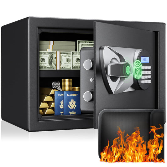 BlackSmith Home Biometric Safe 1.0 Cub - Fingerprint Recognition Box With Keys, Keypad Lock, LCD Display, Dual Alarm System - Wall Mount Cabinet for Jewelry and Valuables, Black
