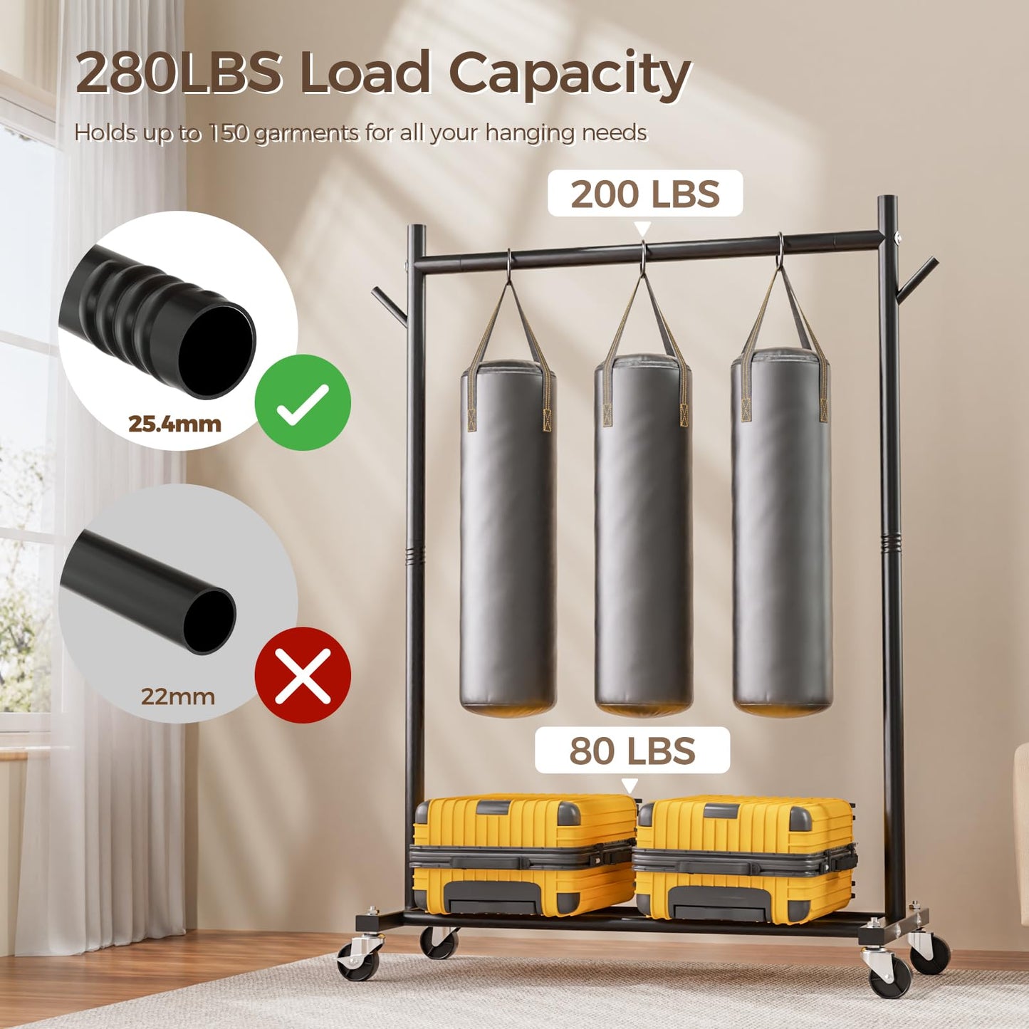 Clothes Rack, Clothing Rack for Hanging Clothes Load 280LBS, Rolling Garment Rack, Portable Coat Rack Freestanding Clothes Rack with Wheels Wardrobe Rack Easy Assembly for Bedroom Living Room, Black