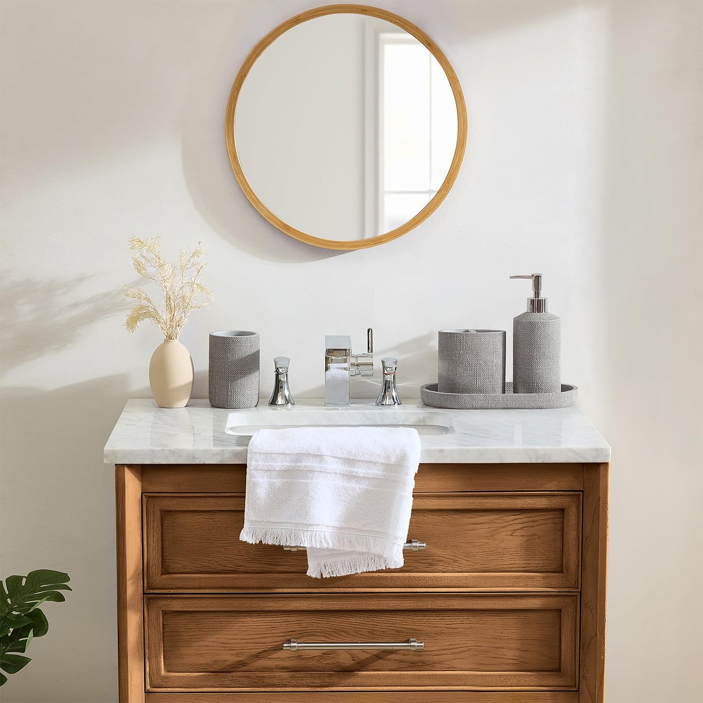 Tahari Home - Bathroom Set, Resin Countertop Accessories, Includes Toothbrush Holder, Tumbler, Vanity Tray & Lotion Pump, Textured Design (Astor Light Grey, 4-Piece)