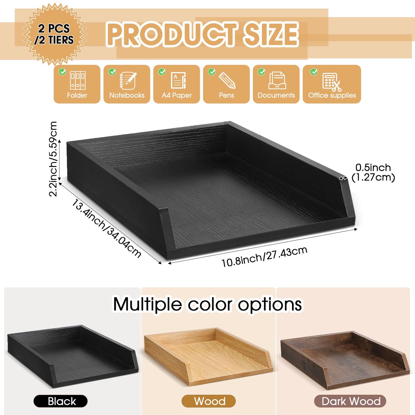 DoubleFill 2 Pcs Wooden Letter Trays Wood Letter-Size Desk Organizer Heavy Duty 2 Tier Stackable Supports Paper Tray Desktop Drawer Organizer File Folder Magazine Office Accessories (Black)