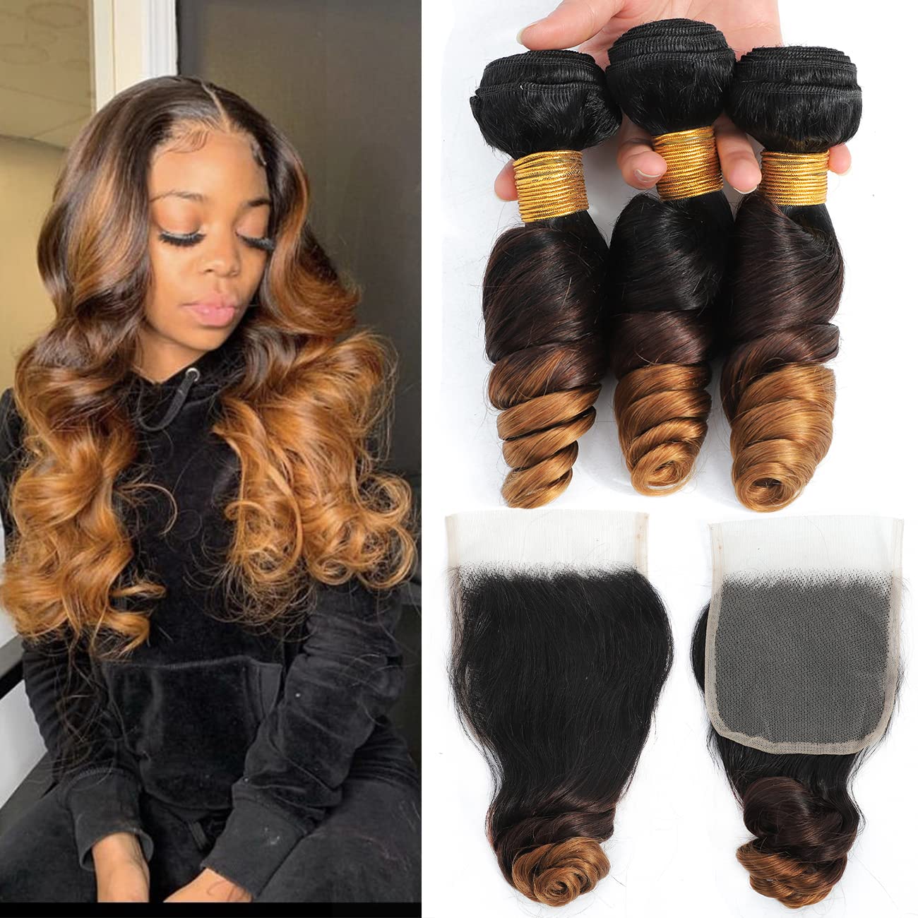 Ombre Bundles With Closure Loose Wave Bundles With Closure Human Hair Bundles With Closure 100% Brazilian Virgin Human Hair 3 Bundles With 4x4 Lace Closure Ombre Color T1B/4/30 (14 16 18+12)