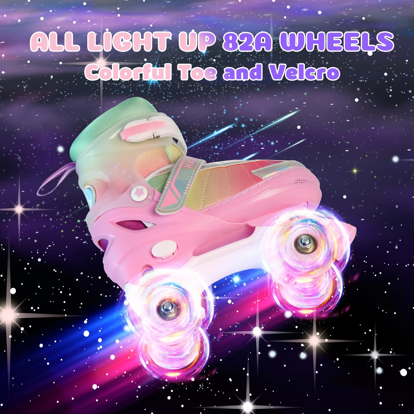HALOSK Girls Roller Skates for Kids Beginners Ages 6-12, Pink Rainbow Adjustable Quad Rollerskates for Youth with All Light up Wheels Skating Shoes for Outdoor Sports