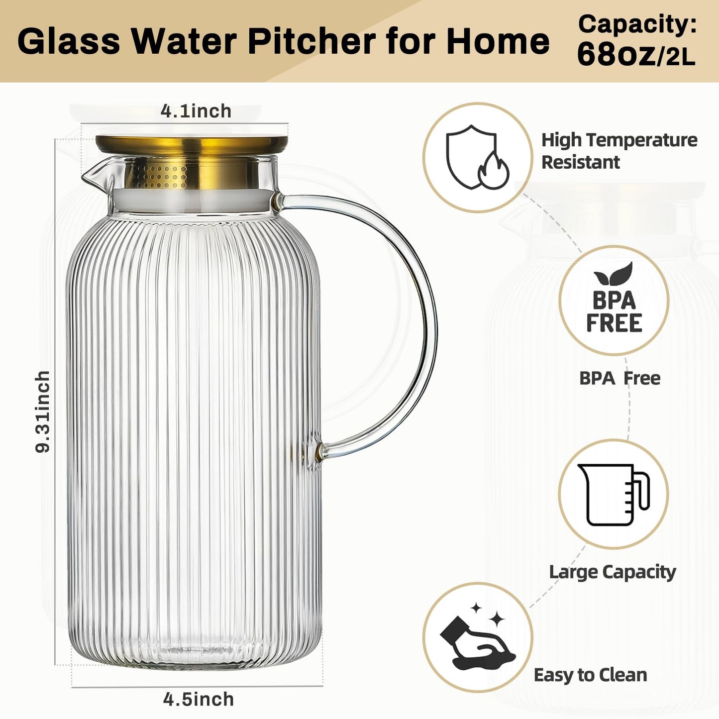 Buaic 2 PACK Glass Pitcher with Lid, 68 oz/ 2 Liter Classic Vertical Stripes Water Pitcher with Silicone Base, Glass Water Carafe for Cold Brew, Coffee, Lemonade, Iced Sun Tea,Beverage,Heat Resistant