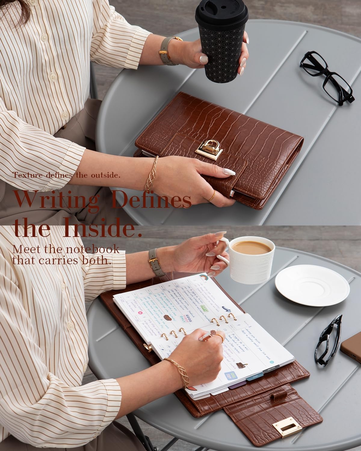 EGOSUNNY Croc-Embossed A5 PU Leather Planner 5.8" x 8.3", Refillable 6-Ring Binder with 80 Sheets, Dividers & Elegant Metal Ballpoint Pen – Elegant Organizer for Work & Everyday Use