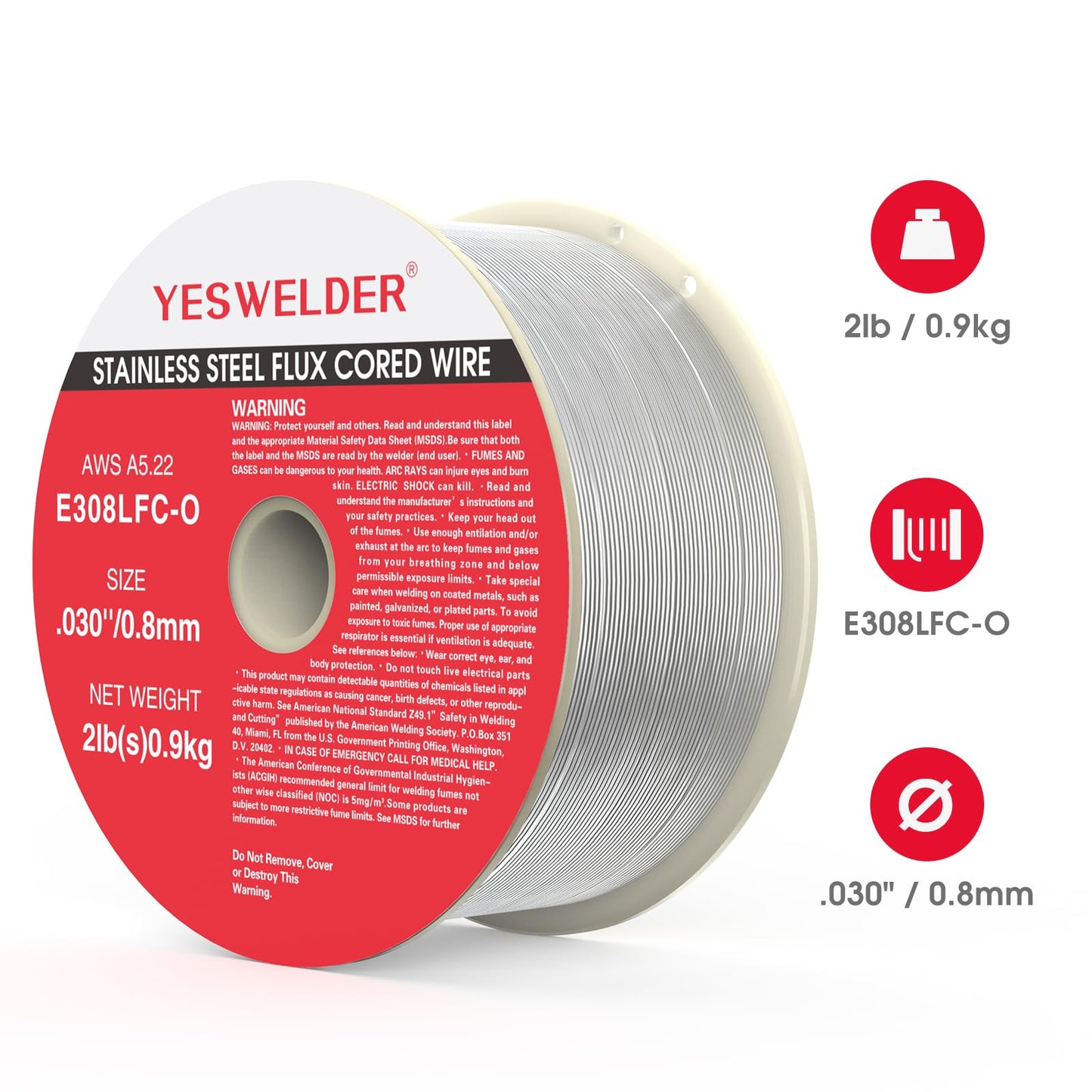 YESWELDER Stainless Steel Flux Cored Wire E308LFC-O .030-Diameter, 2-Pound