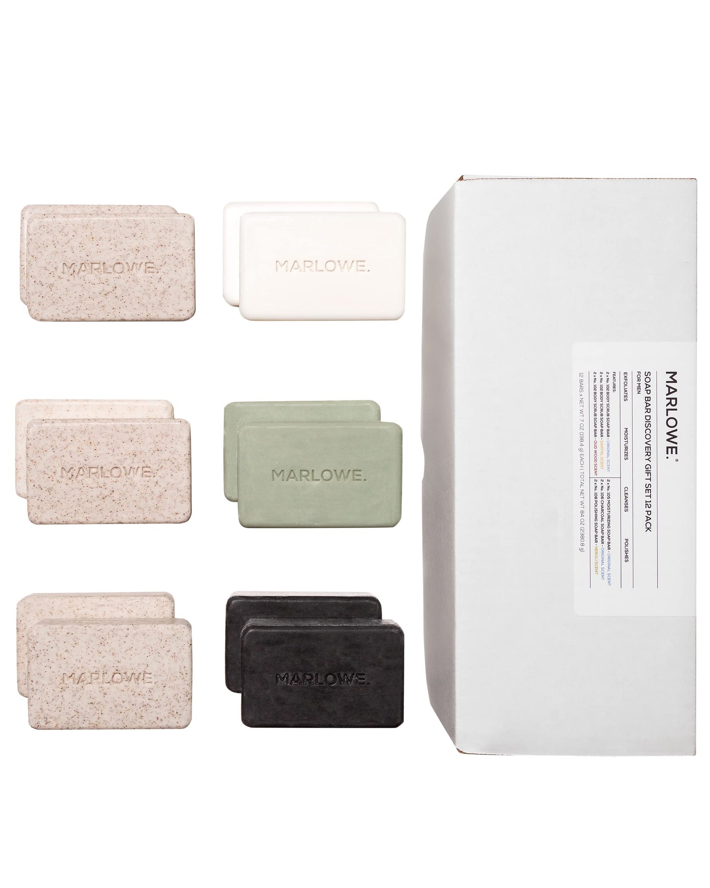MARLOWE. Soap Bar Discovery Gift Set, Mens Skin Care Variety Selection of Exfoliating Body Scrub, Charcoal, Moisturizing & Polishing Body Bar Soaps for Men, 12 Pack