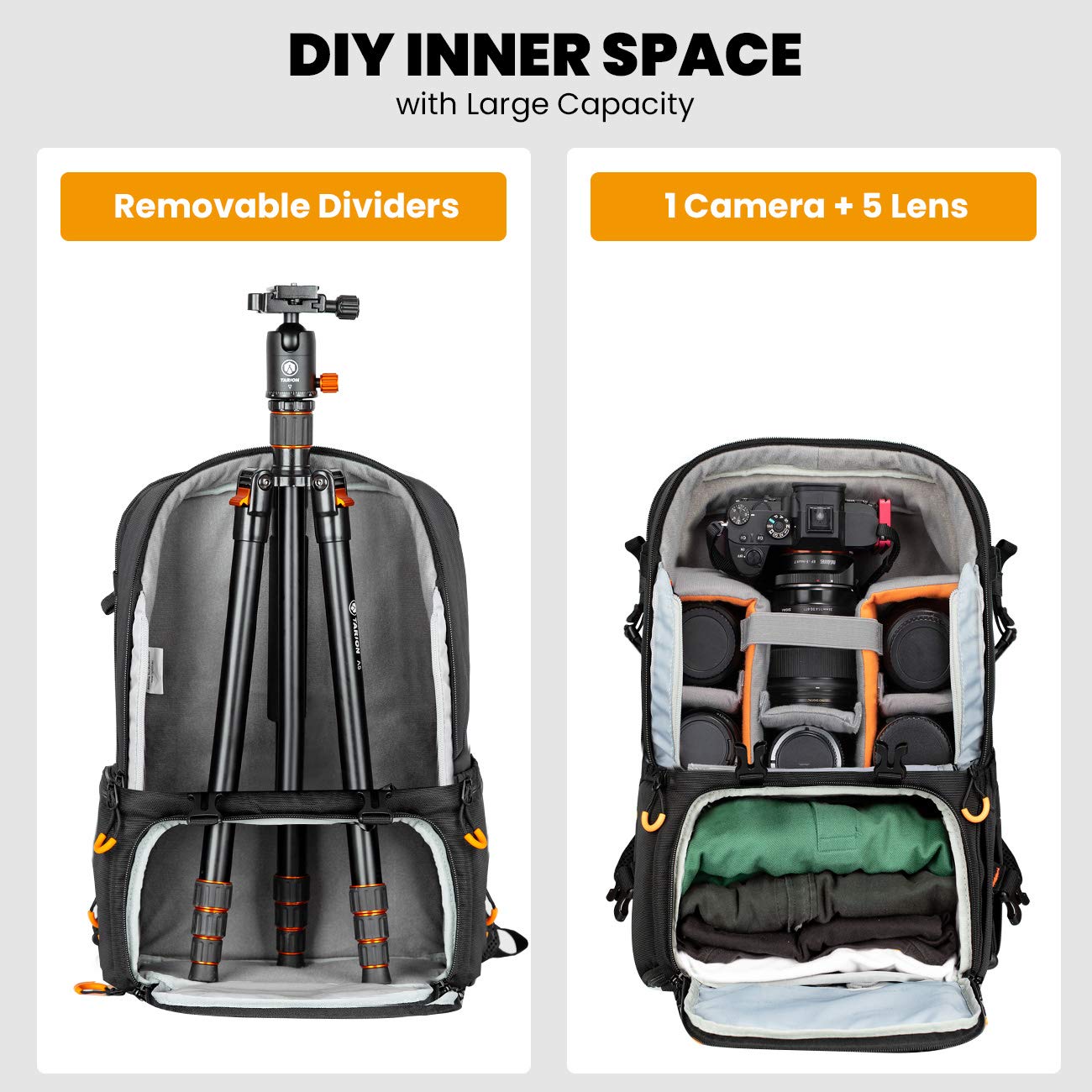 TARION Pro Camera Backpack Large Camera Bag with Laptop Compartment Tripod Holder Waterproof Raincover Outdoor Photography Hiking Travel Professional DSLR Backpack for Men Women Side Access