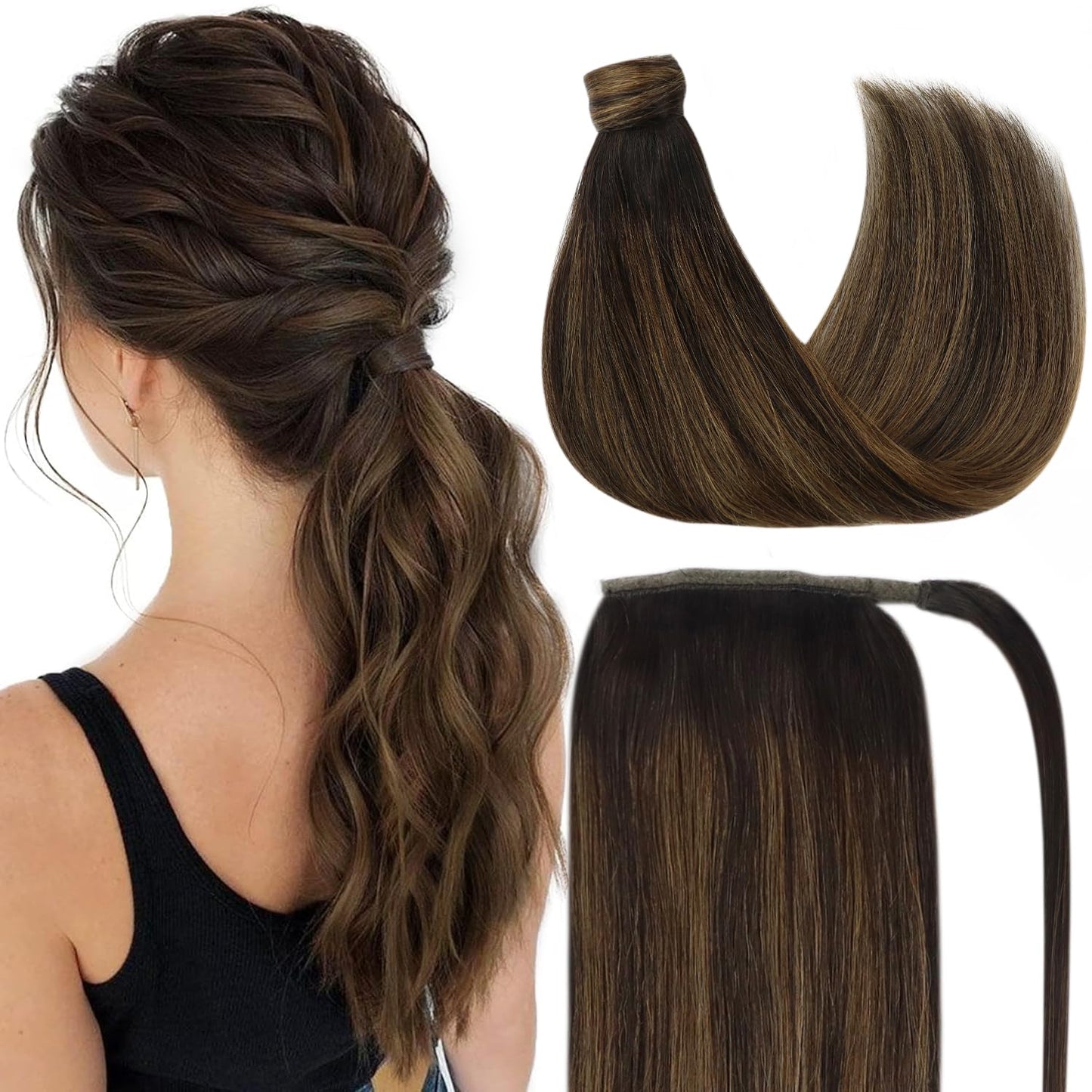 Ve Sunny Ponytail Extension Human Hair Dark Brown Clip in Ponytail Human Hair Brown Human Hair Ponytail Darkest Brown Balayage Medium Brown Human Ponytail Extension for School 80g 16inch