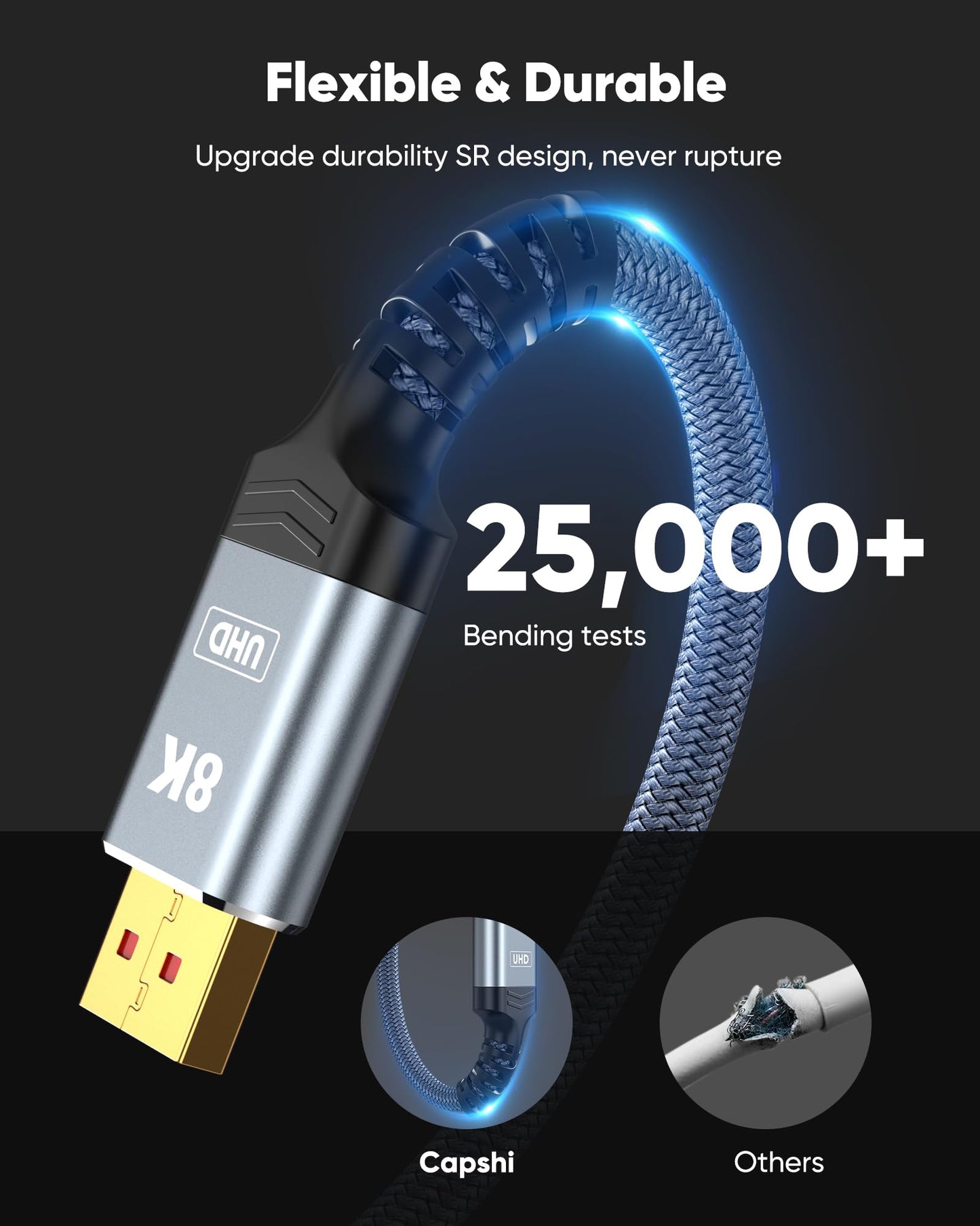 Capshi 8K 4K DisplayPort Cable 1.4, Fiber Optic 50FT DP Cord (8K@60Hz, 4K@144Hz, 2K@240Hz/165Hz), 32.4Gbps High Speed Display Port Cable for Gaming Monitor, HDR/FreeSync/G-Sync, Braided, Grey
