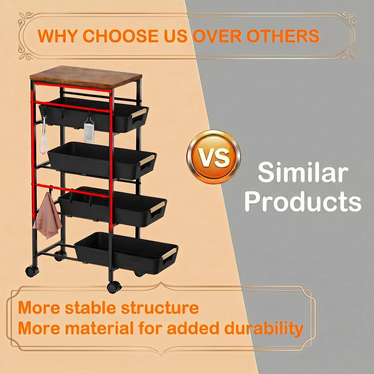 Landmok 5-Tier Slim Storage Cart, Wooden Top Rolling Kitchen Cart with Pull-Out Baskets & Wheels, Narrow Space Utility Cart Slide Out Organizer for Kitchen, Bathroom, Laundry Room, Black