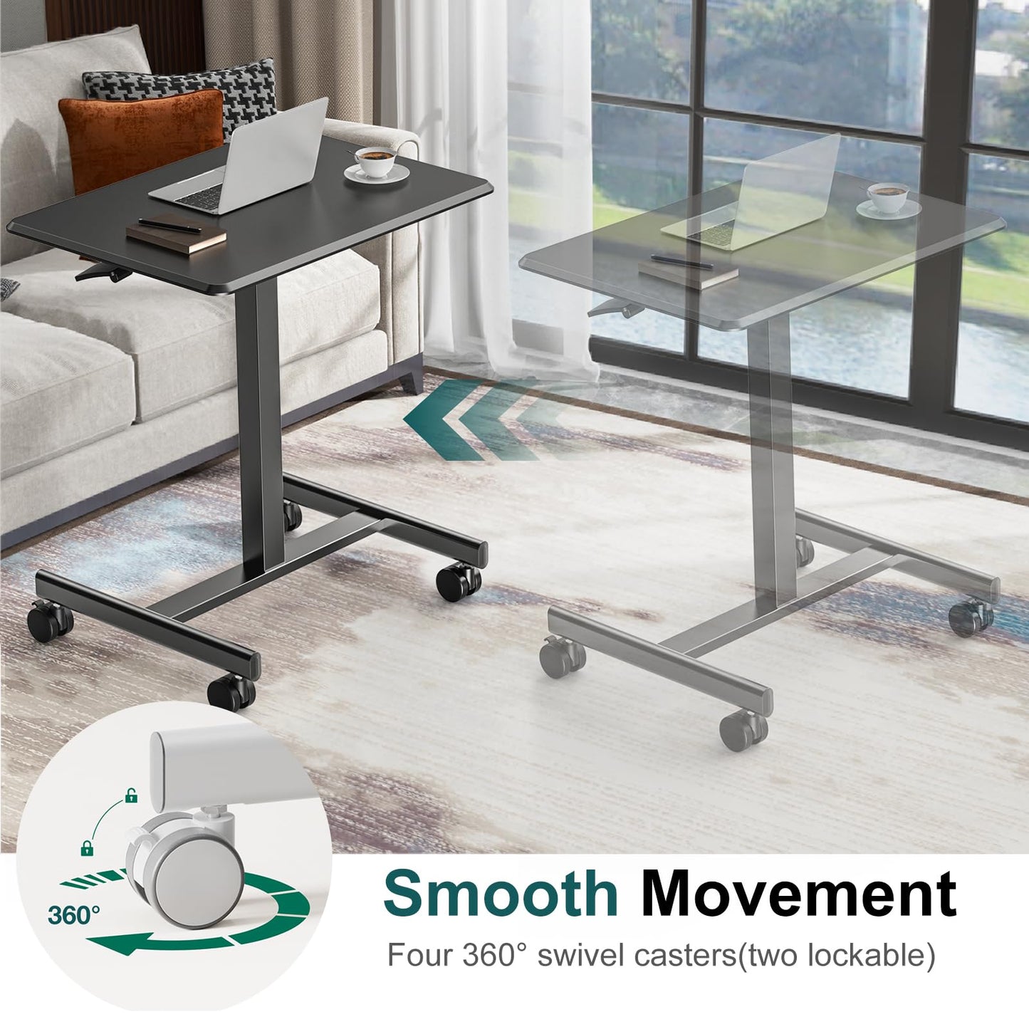 DUMOS Mobile Small Standing Desk, Portable Rolling Laptop Desk with 2 Lockable Wheels, Adjustable Height Computer Workstation for Home Office, 19 Inch Black